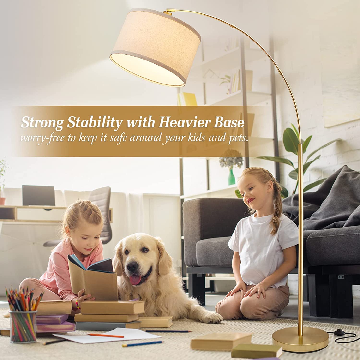 Modern Gold Arc Floor Lamp for Living Room - Adjustable Hanging Drum Shade with Tall Pole & Foot Switch - Over Couch Arched Reading Light for Bedroom, Office, Study - LED Bulb Not Included - Perfect for Cozy Reading Nooks & Contemporary Home Decor