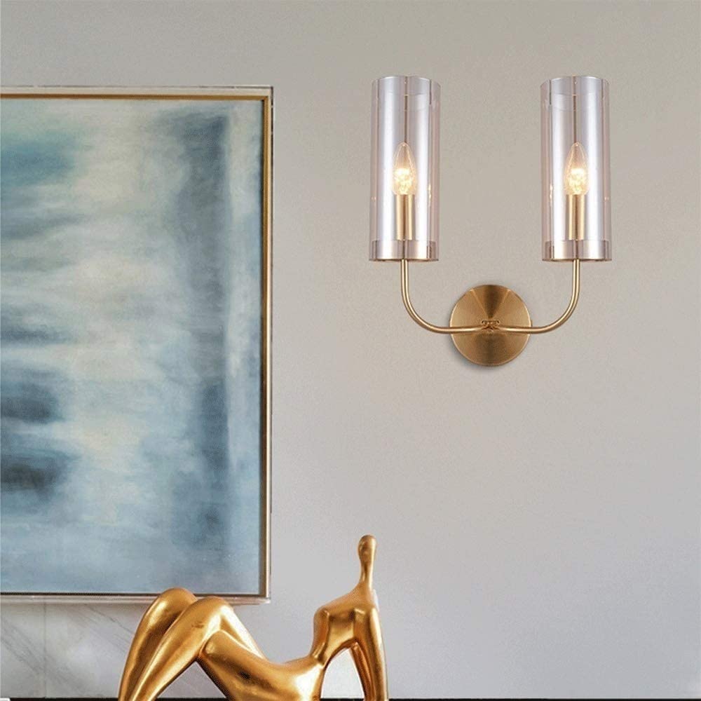 Modern LED Glass Wall Sconce - Double Head Indoor Wall Lantern with Amber Glass Lampshade for Living Room, Bedroom, Stairs & Corridor | Energy-Efficient Home Lighting for Cozy Ambiance & Nighttime Safety