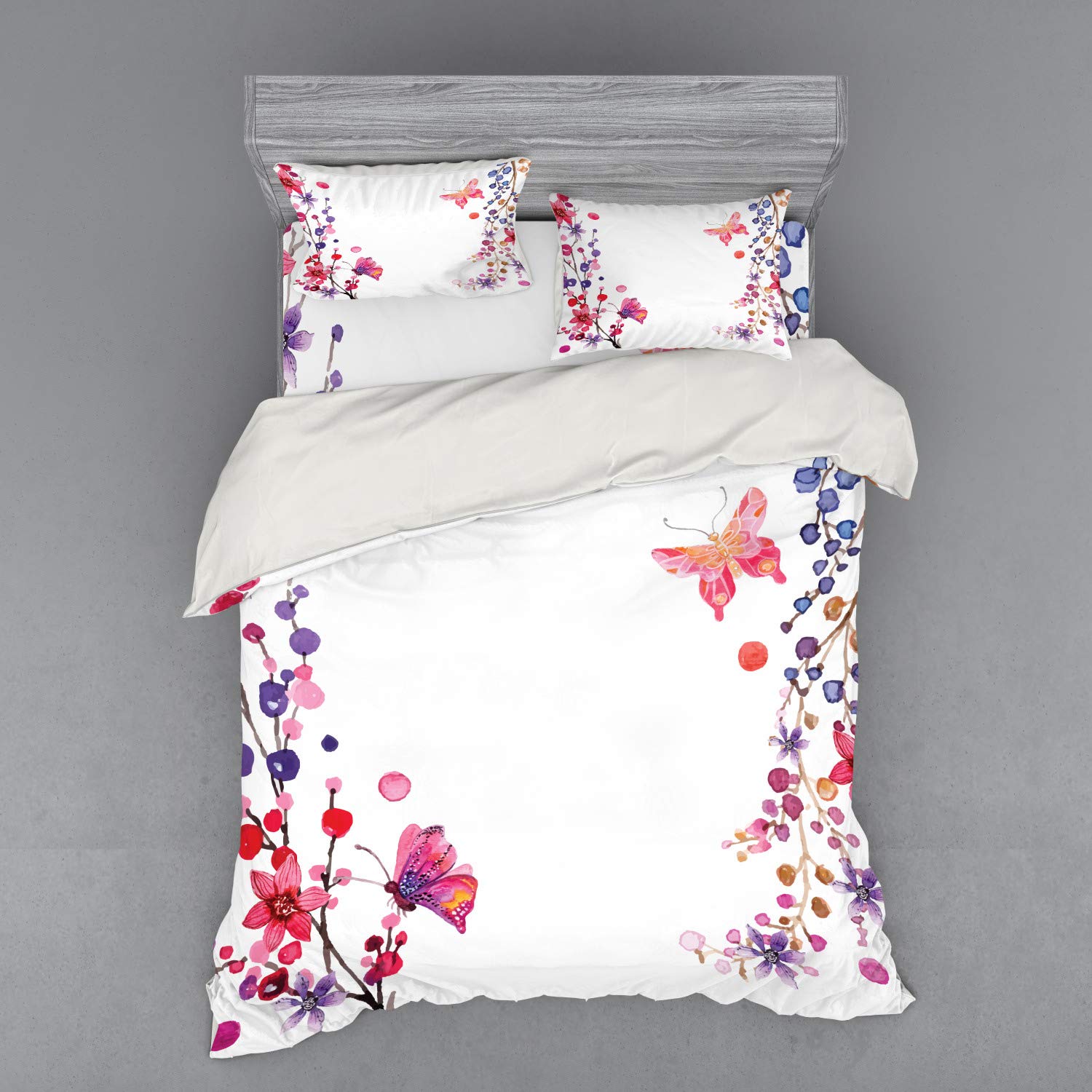 Ambesonne Butterfly Duvet Cover Set - Queen Size 3 Piece Boho Floral Bedding with Aquarelle Design, Purple White Pink - Perfect for Spring & Summer Bedroom Decor, Boho Chic Home Styling