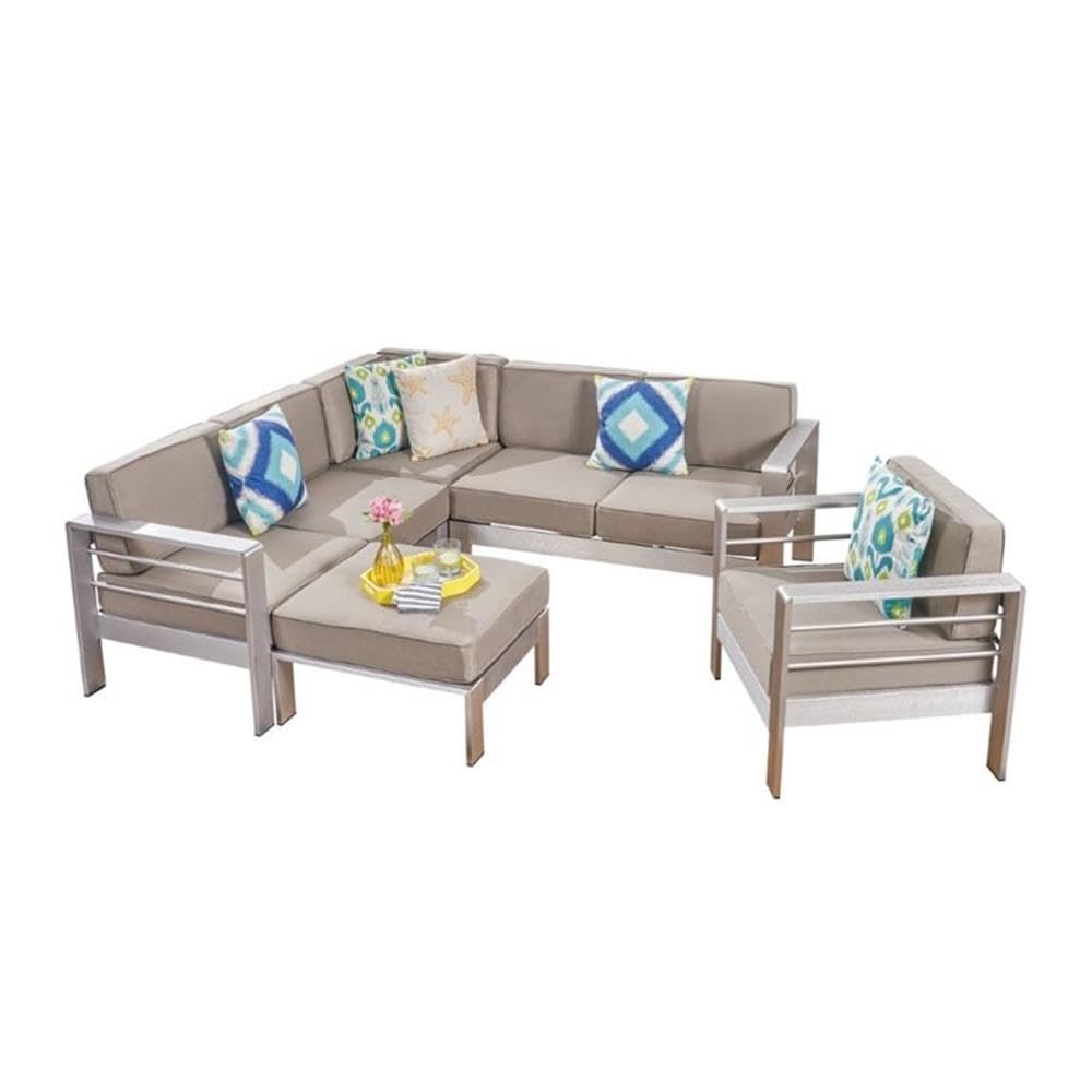 Noble House Cape Coral 5-Piece Outdoor Aluminum Sectional Sofa Set in Silver - Patio Furniture for Backyard, Poolside & Garden Relaxation