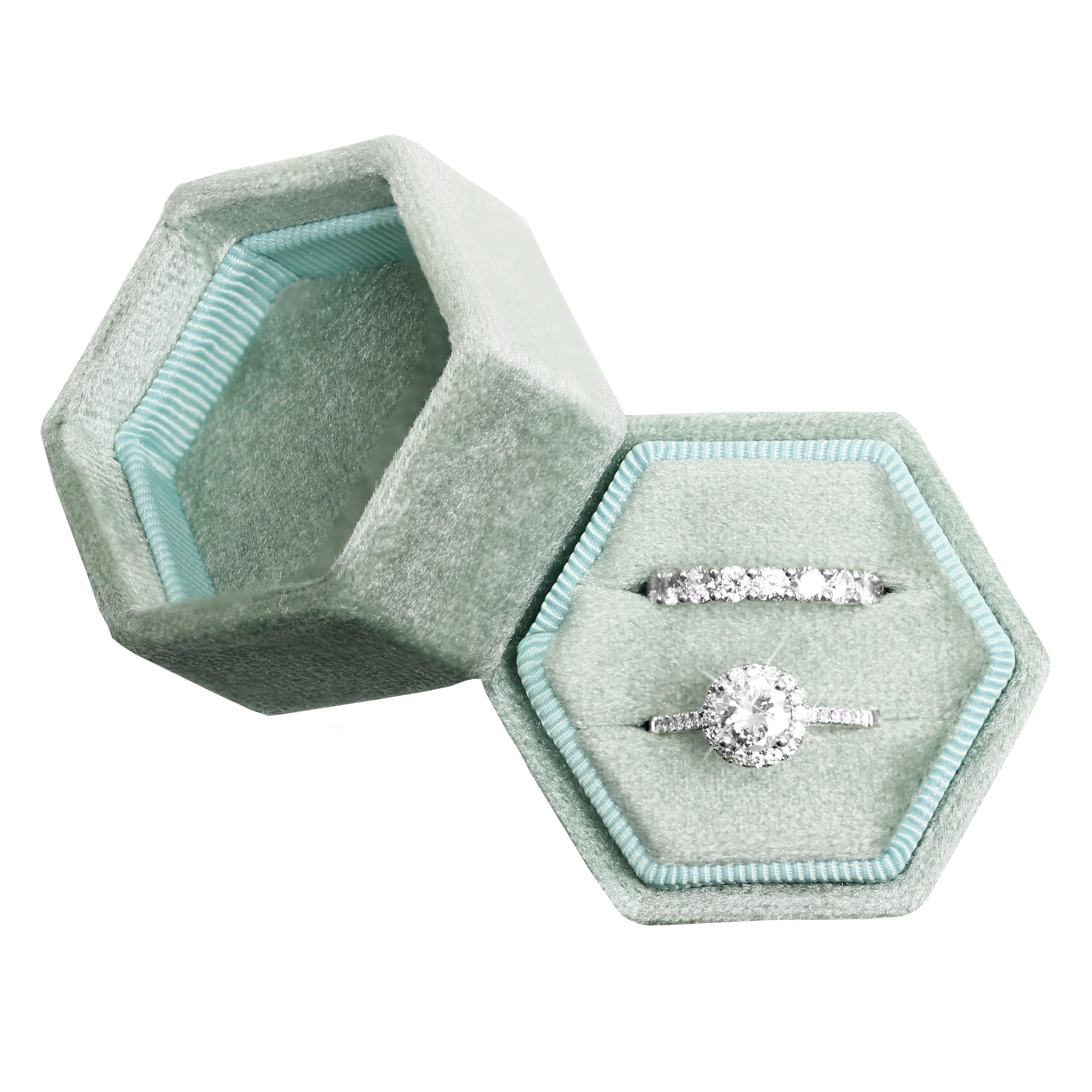 Hexagon Velvet Jewelry Ring Box - 2 Slots Engagement Ring Holder with Detachable Lid for Wedding Proposal & Ceremony (Sage Green) | Perfect for Bridal Showers, Anniversary Gifts & Valentine's Day