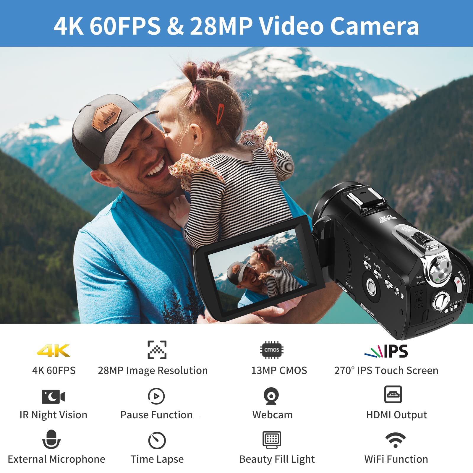 ORDRO AZ30 4K 60FPS UHD Camcorder with 30X Digital Zoom, WiFi, IR Night Vision & Wide Angle Lens - Perfect for YouTube Vlogging, Live Streaming & Travel Videography (Includes Microphone, 32GB Micro Card & Batteries)