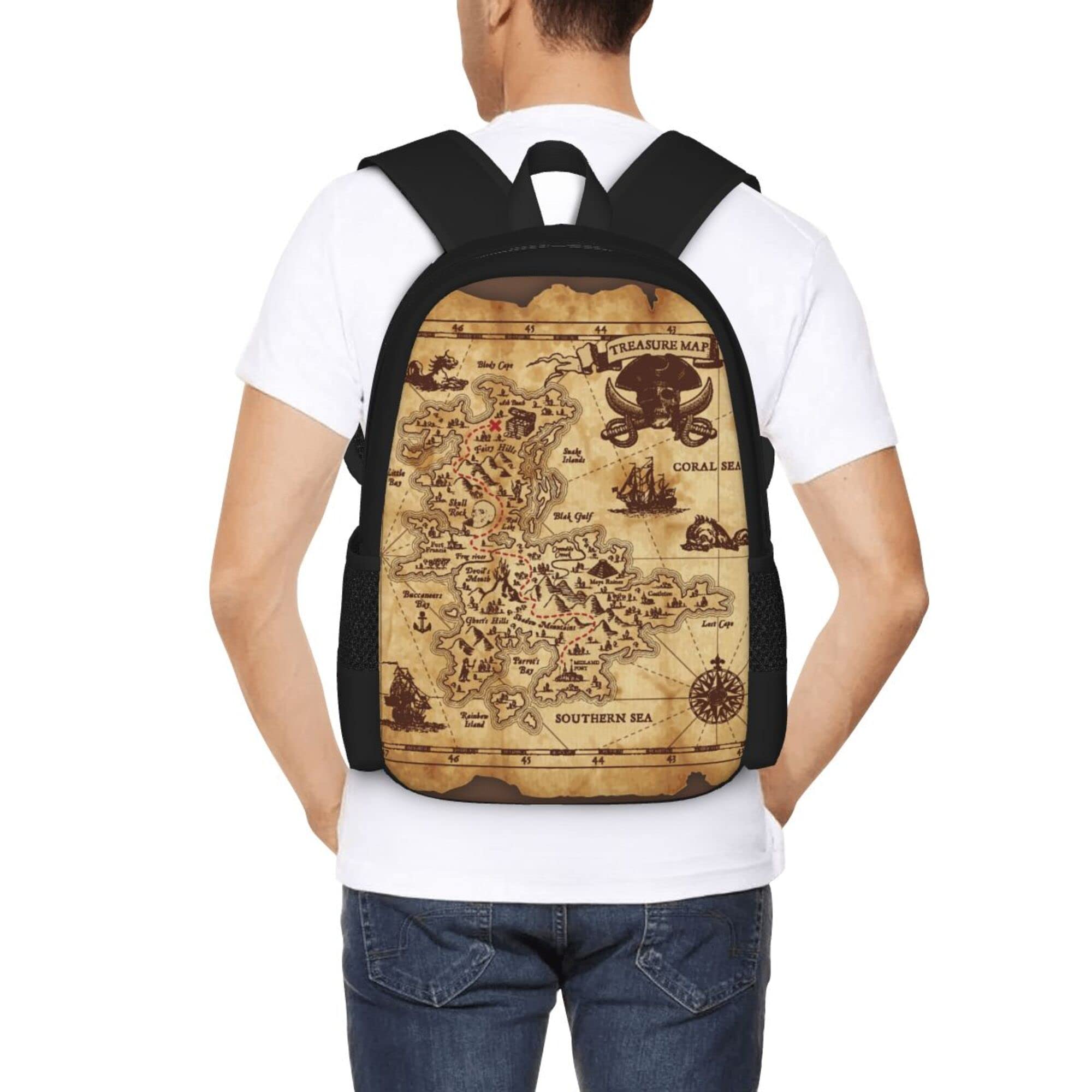17 Inch Large Capacity Laptop Backpack with Side Pockets - Pirate Treasure Map Design Funny Travel Daypack for School, Work & Outdoor Adventures - Durable Cartoon Bookbag Rucksack for Men & Women