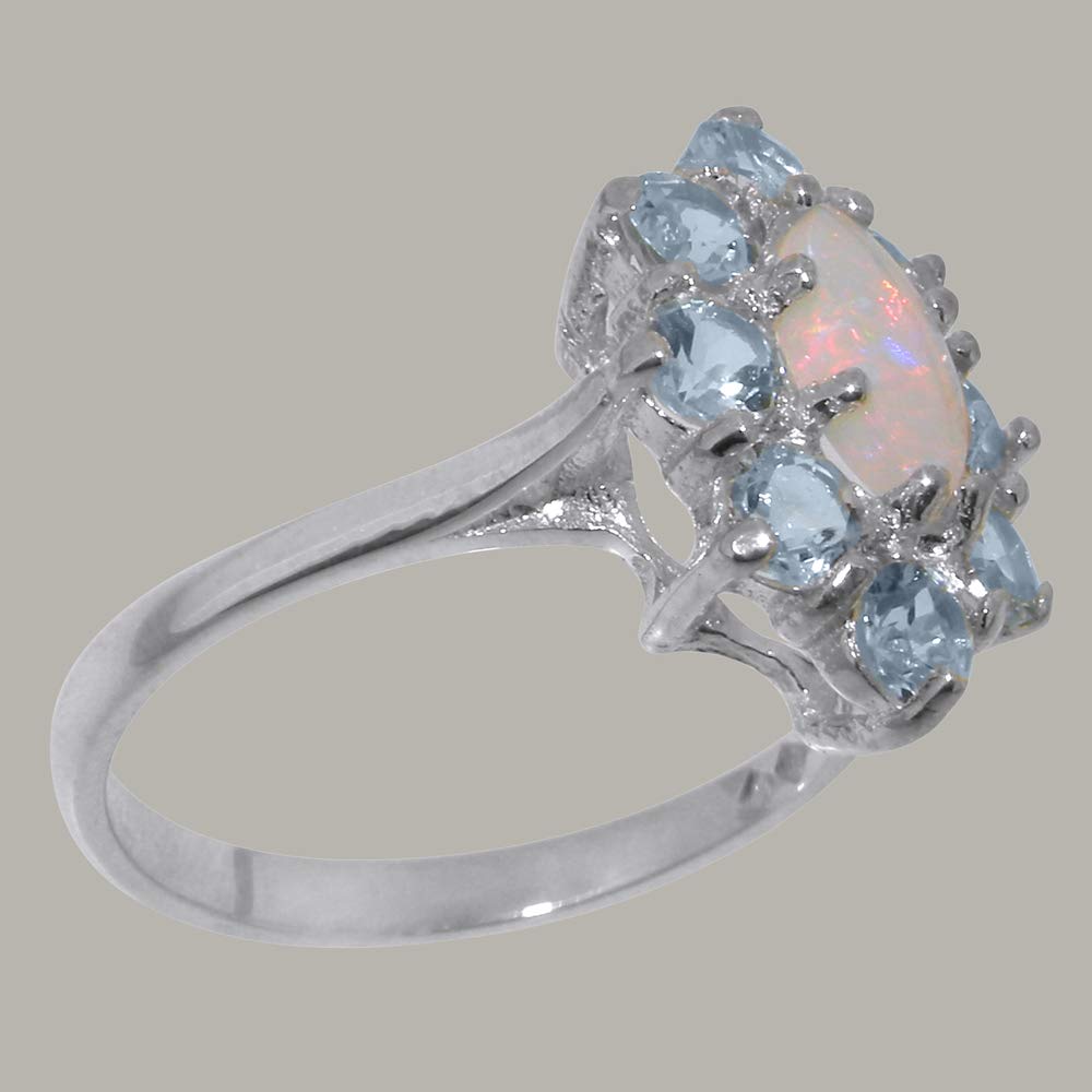 9K White Gold Genuine Natural Opal & Aquamarine Women's Engagement Ring - Size 8 - Perfect for Proposals, Anniversaries & Special Occasions