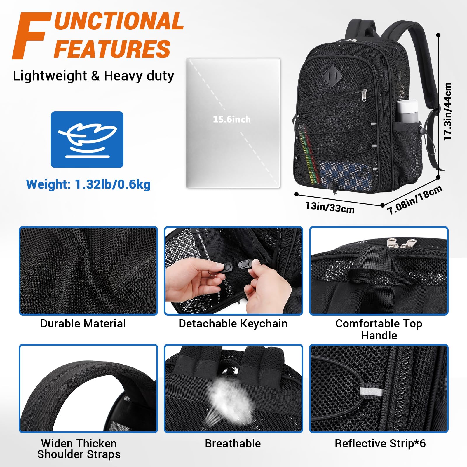 MOONBABY Heavy Duty Mesh Backpack for Boys - Transparent School Backpack with Breathable Design - Perfect for Swimming, Beach, Sports, Work & Travel - Durable See-Through Bookbag for School, Gym & Outdoor Activities (Black)