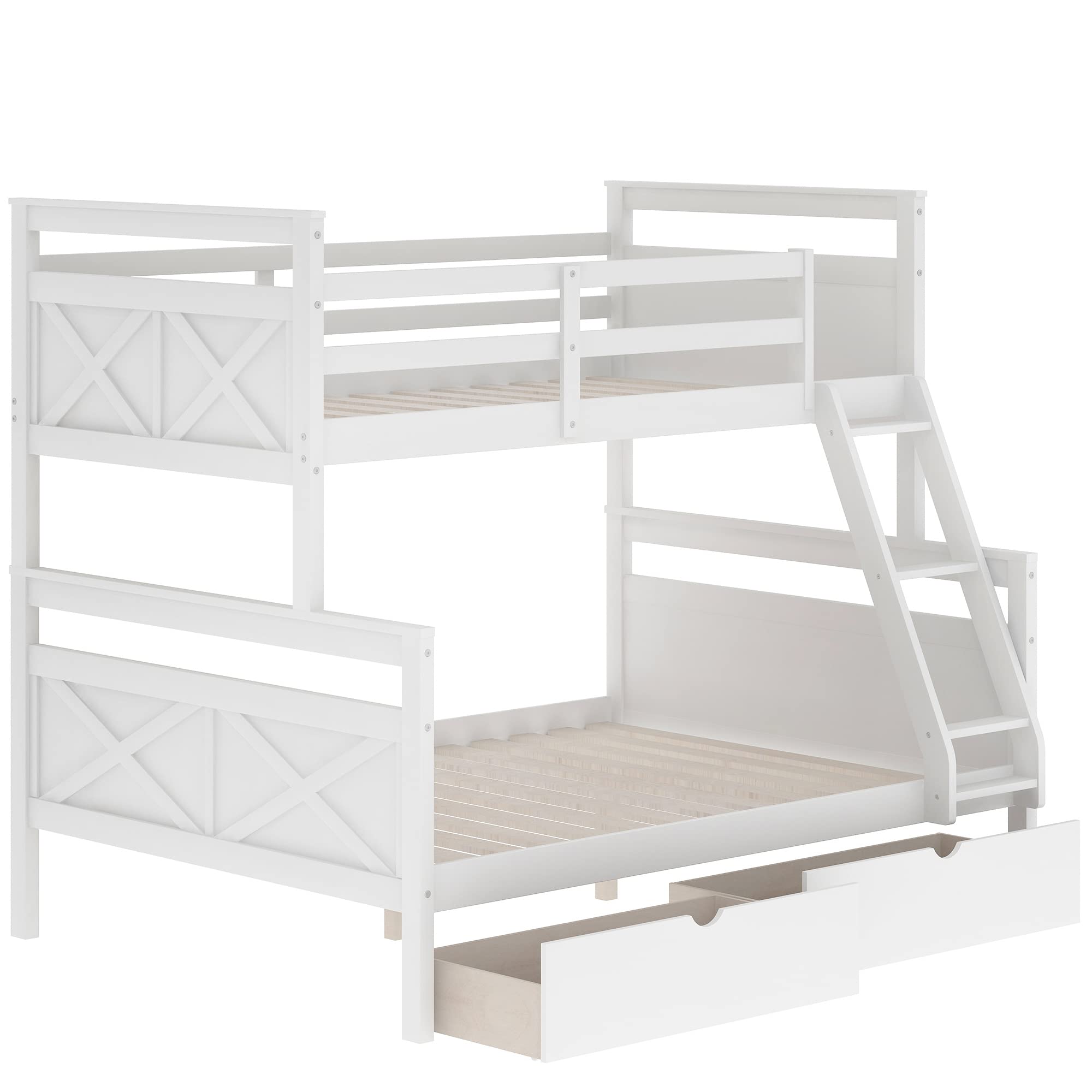 Convertible Wood Bunk Bed Twin Over Full Size with Storage Drawers - 2-in-1 Bed Frame with Ladder & Safety Guardrails - No Box Spring Needed - Perfect for Kids Rooms, Guest Rooms & Small Spaces (White)