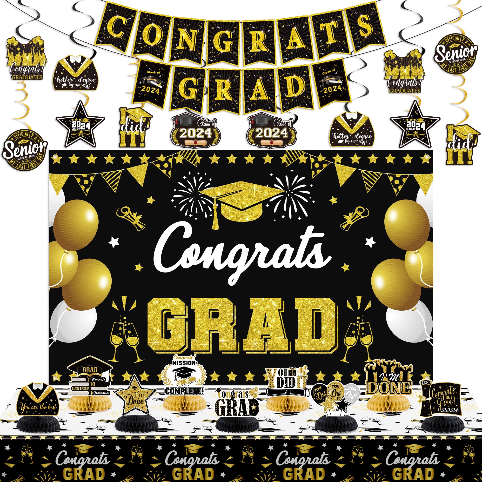 2024 Graduation Decor Kit - Black Gold Banner & Backdrop for Grad Party