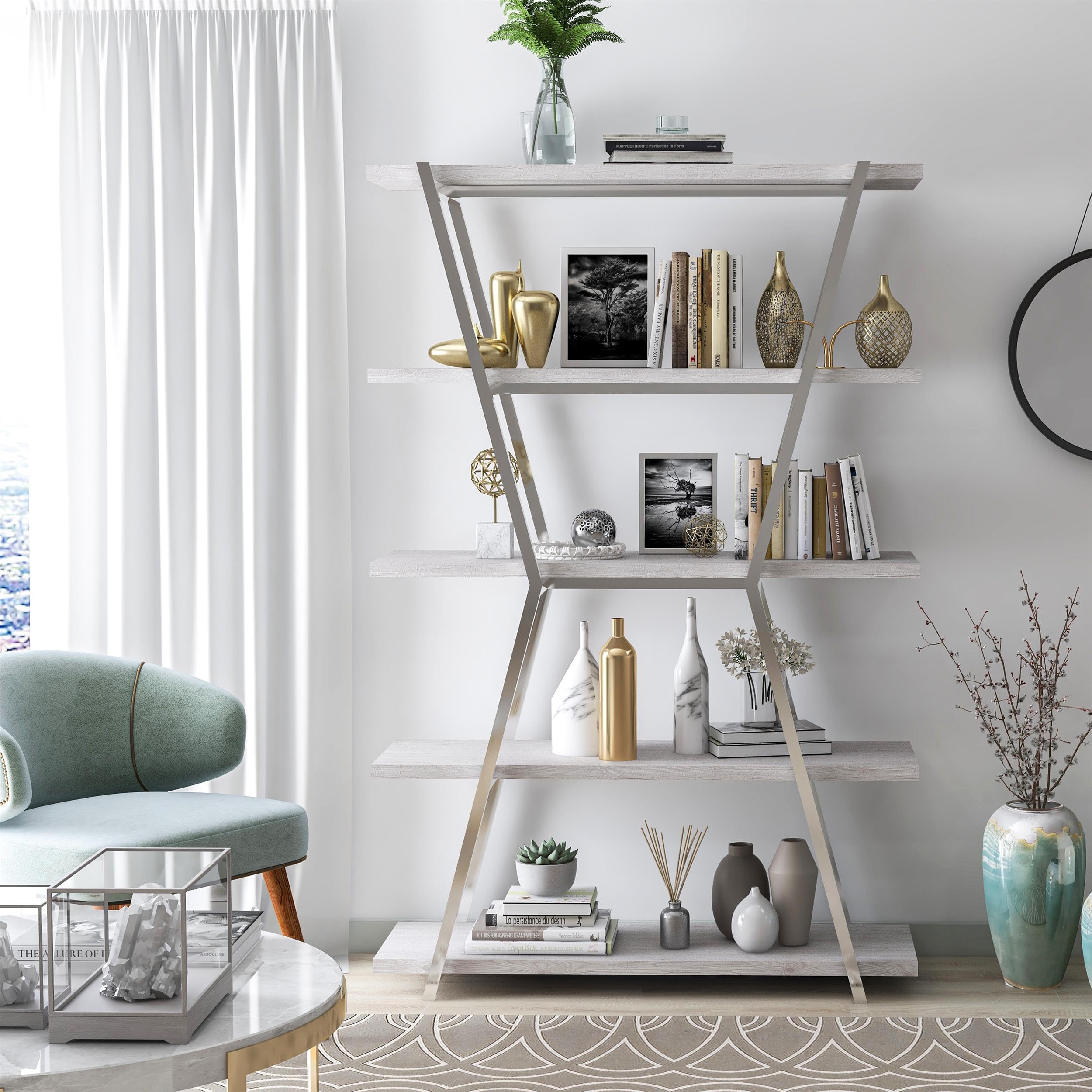 Furniture of America Ketano Chrome Metal 4-Tier Bookcase - Perfect for Home Office, Living Room & Bedroom Storage