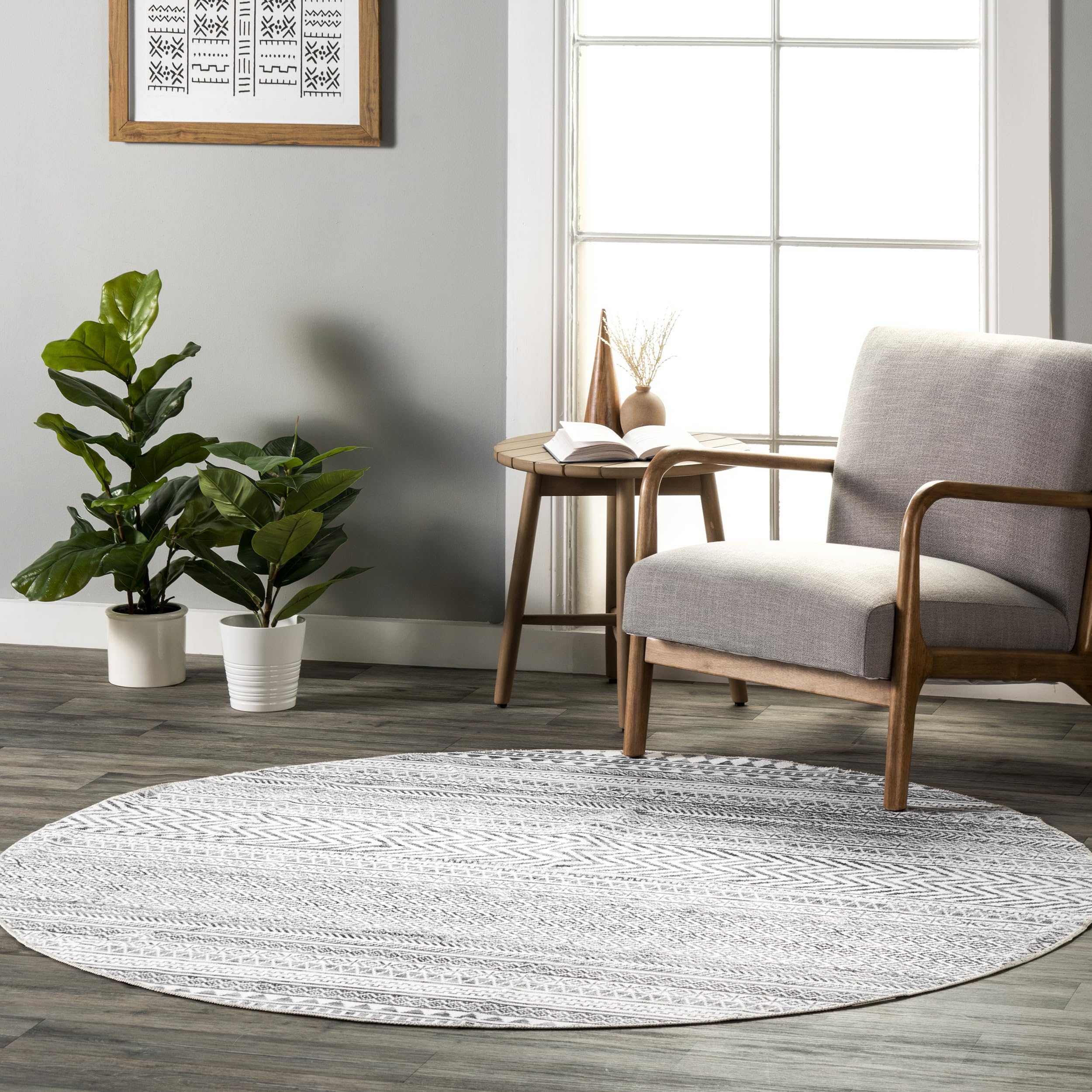 nuLOOM 8' Round SpinClean Machine Washable Stain-Resistant Area Rug with Non-Slip Backing - Low Profile for Living Room, Bedroom & Dining Room - Kira Grey - Perfect for High Traffic Areas & Pet-Friendly Homes
