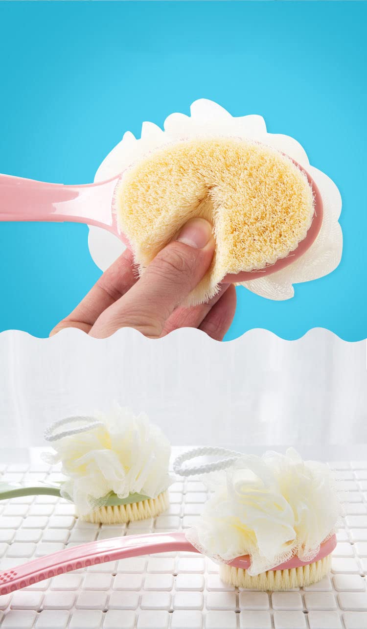 Adaamya® Exfoliating Shower Brush with Bristles & Loofah Sponge - Long Curved Handle Body Scrubber for Men & Women - Perfect for Dry Skin Care, Back Cleansing & Spa Relaxation (Color May Vary)