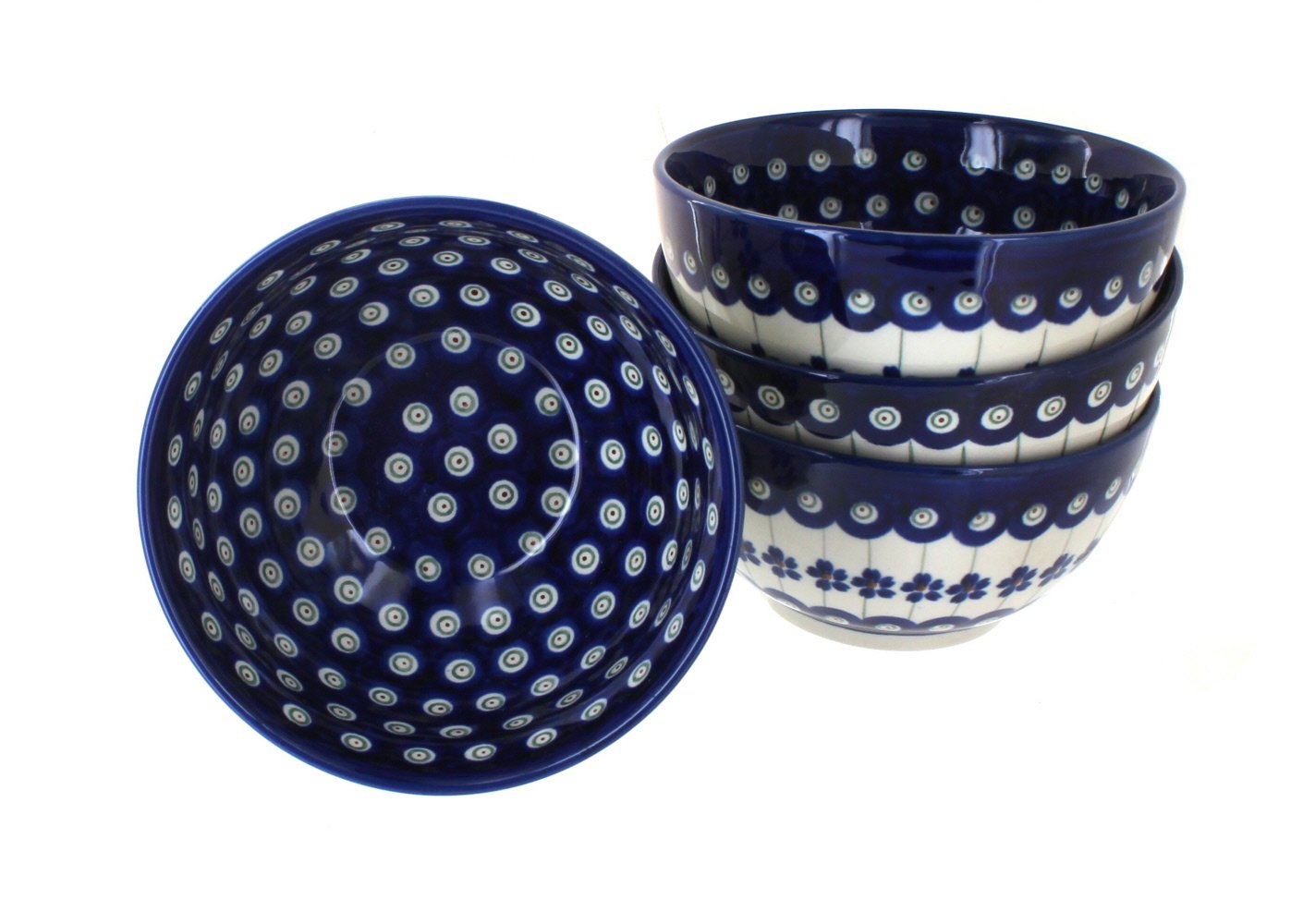 Blue Rose Polish Pottery Flowering Peacock 4-Piece Dessert Bowl Set - Elegant Serving Bowls for Ice Cream, Pudding & Fruit Salads
