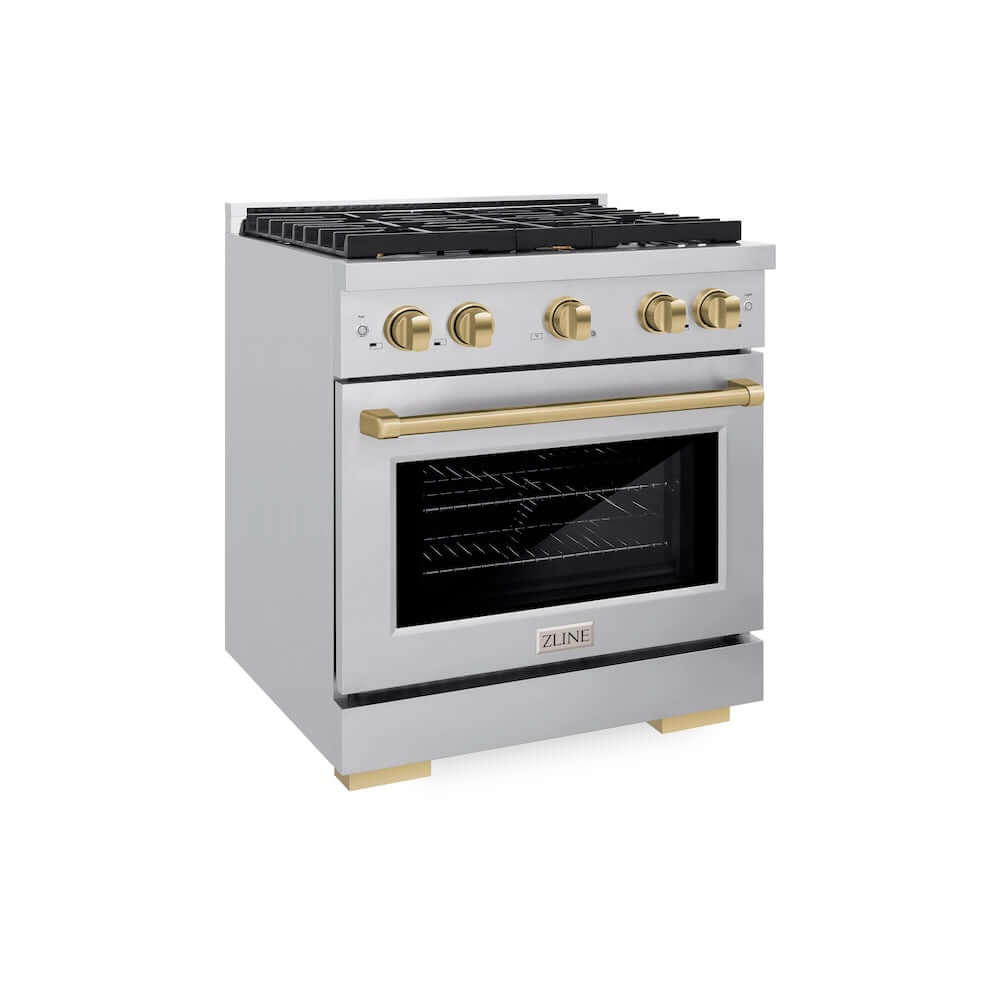 ZLINE Autograph Edition 30-inch 4.2 cu. ft. Dual Fuel Range with 4-Burner Gas Cooktop & Electric Convection Oven - Stainless Steel with Champagne Bronze Accents (SDRZ 30 CB) - Perfect for Gourmet Kitchens & Professional Home Chefs
