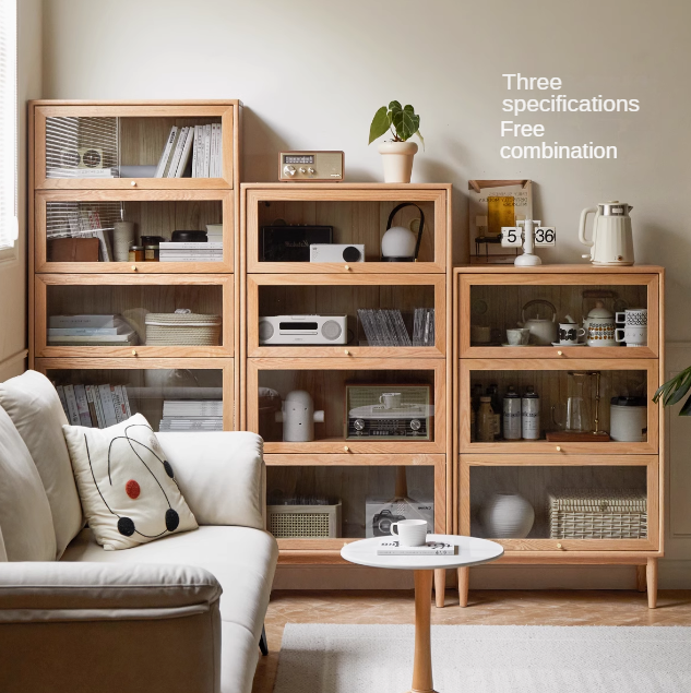 Premium Oak Solid Wood Multi-Layer Flip Door Glass Bookcase - Stylish Home Office Library Storage for Books, Decor & Collectibles