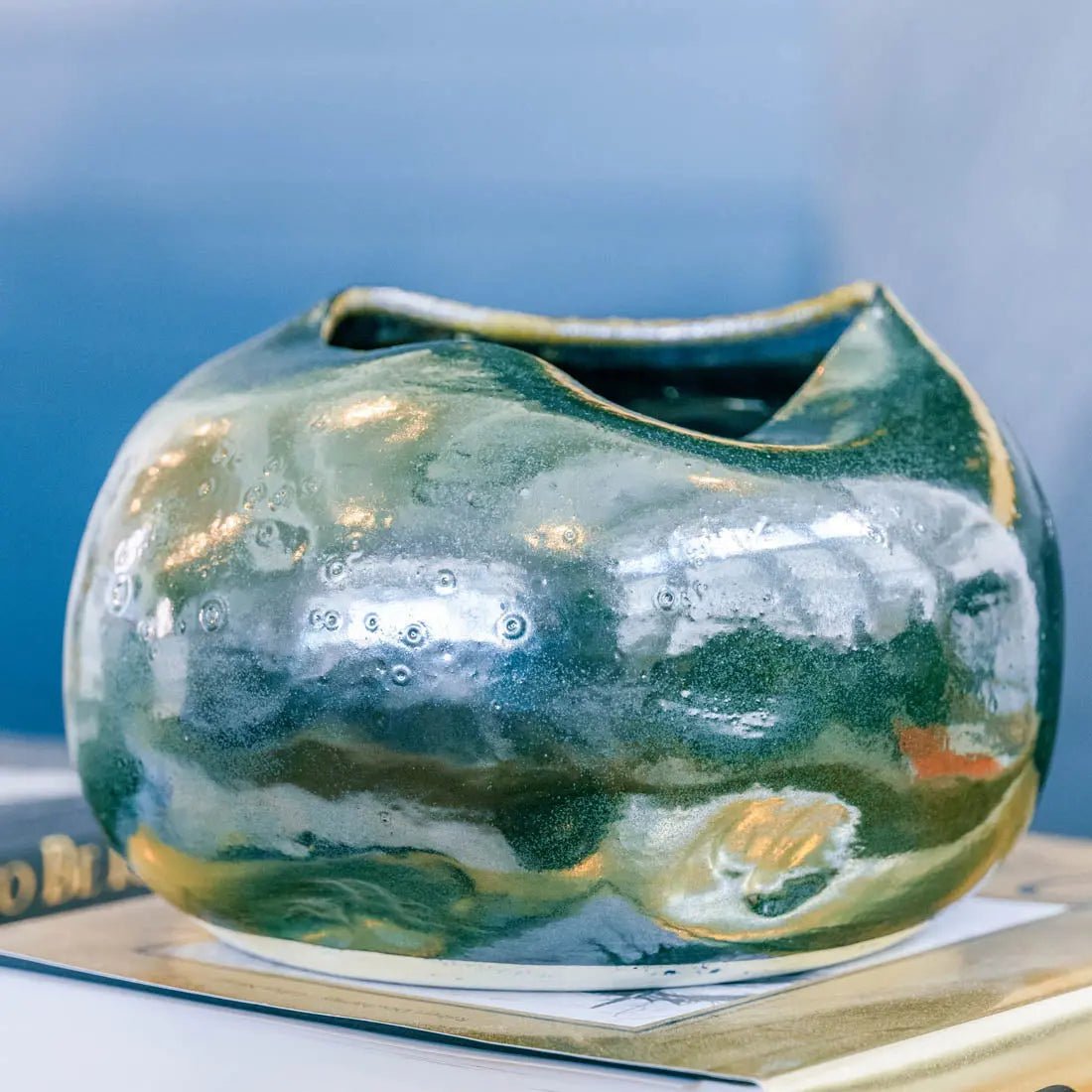 #47 Large Stoneware Decorative Manipulated Pot - Metallic Deep Greens & Pewter - Creative Collection - Perfect for Boho Home Decor, Modern Centerpiece, and Luxury Gift Ideas