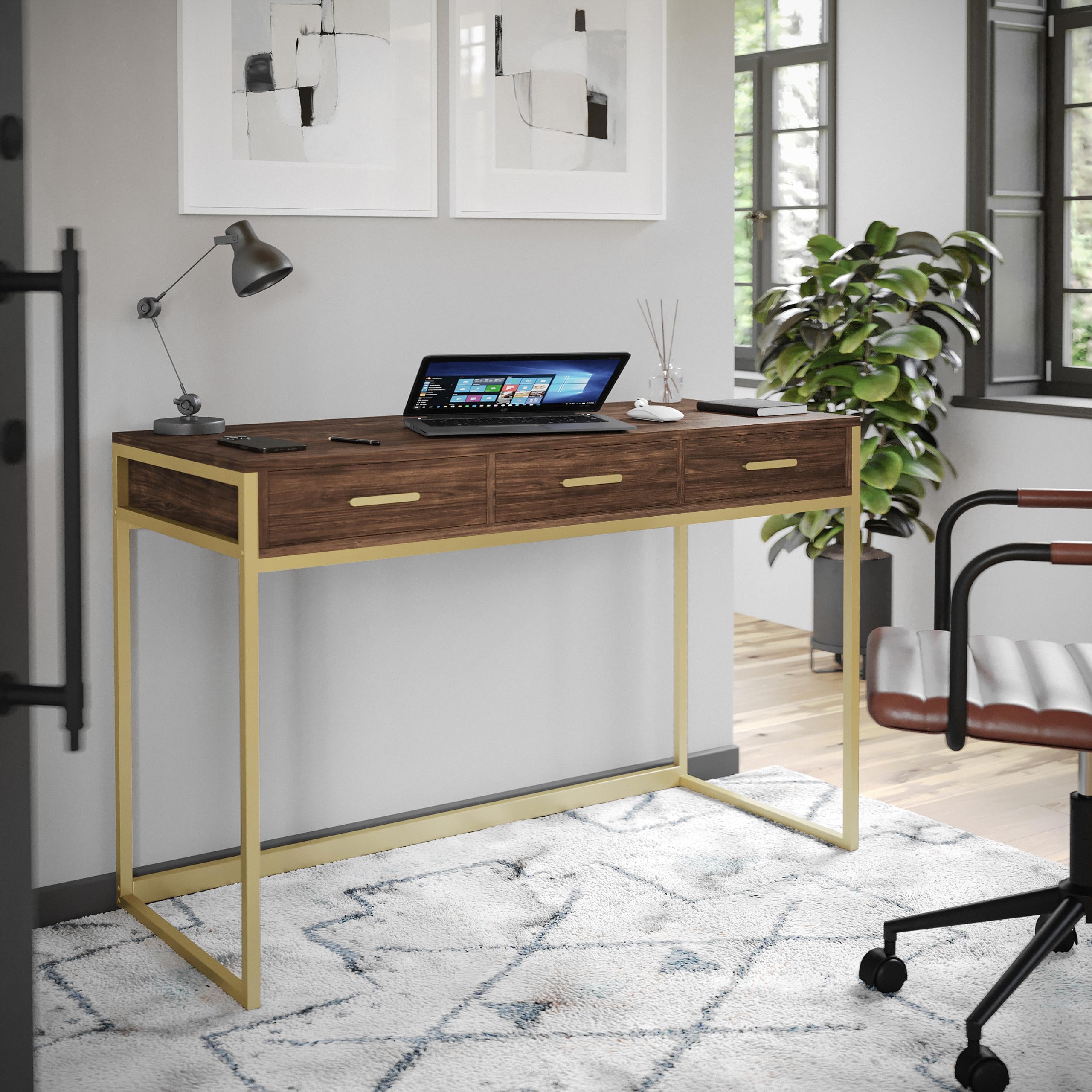 Martha Stewart Ollie Home Office Desk with 3 Drawers - Walnut Wood Grain & Polished Brass Hardware - Perfect for Small Spaces, Remote Work & Modern Home Offices