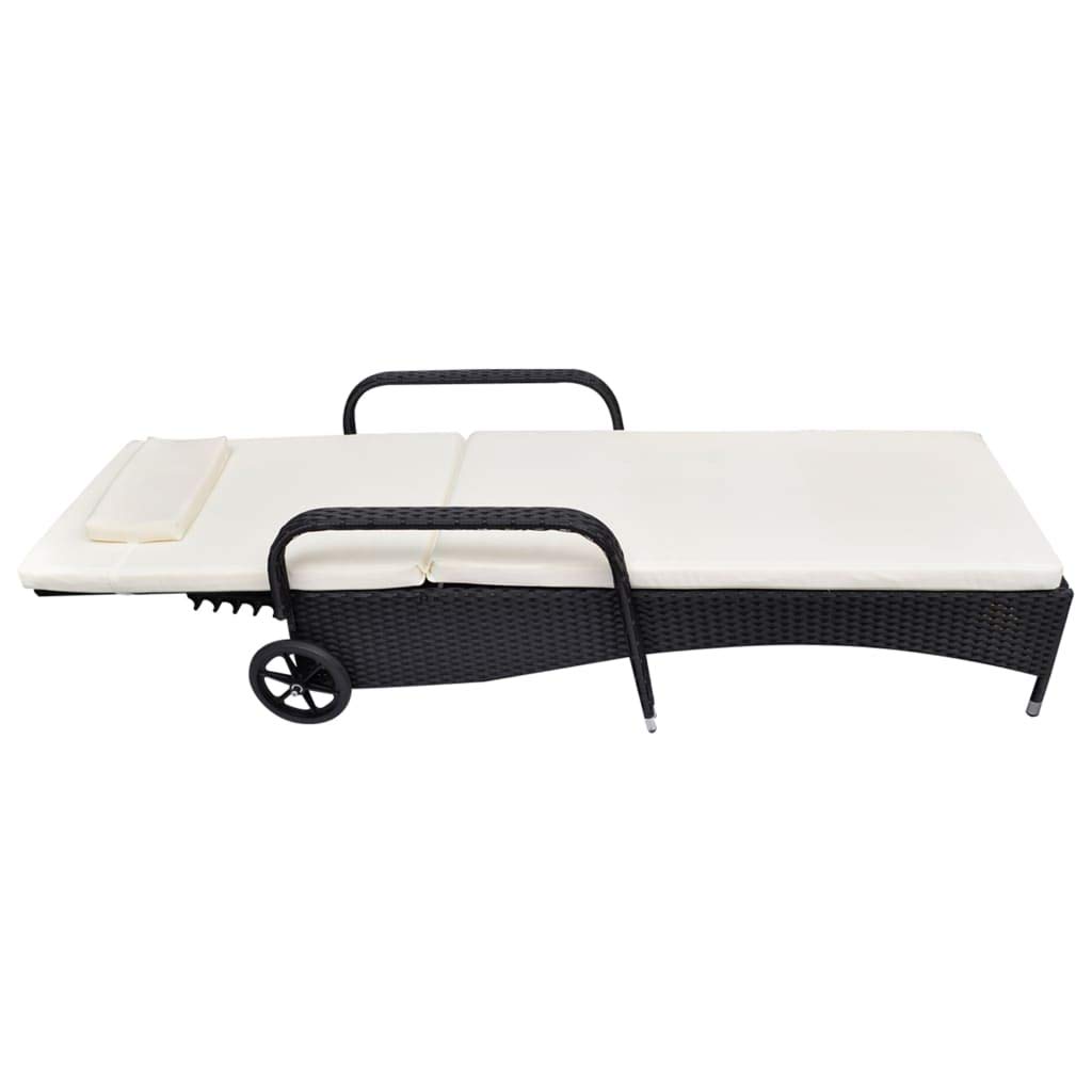 Premium FAMIROSA Sun Lounger with Cushion & Wheels - Durable Poly Rattan Outdoor Chaise Lounge in Black - Perfect for Poolside, Patio, Beach & Garden Relaxation