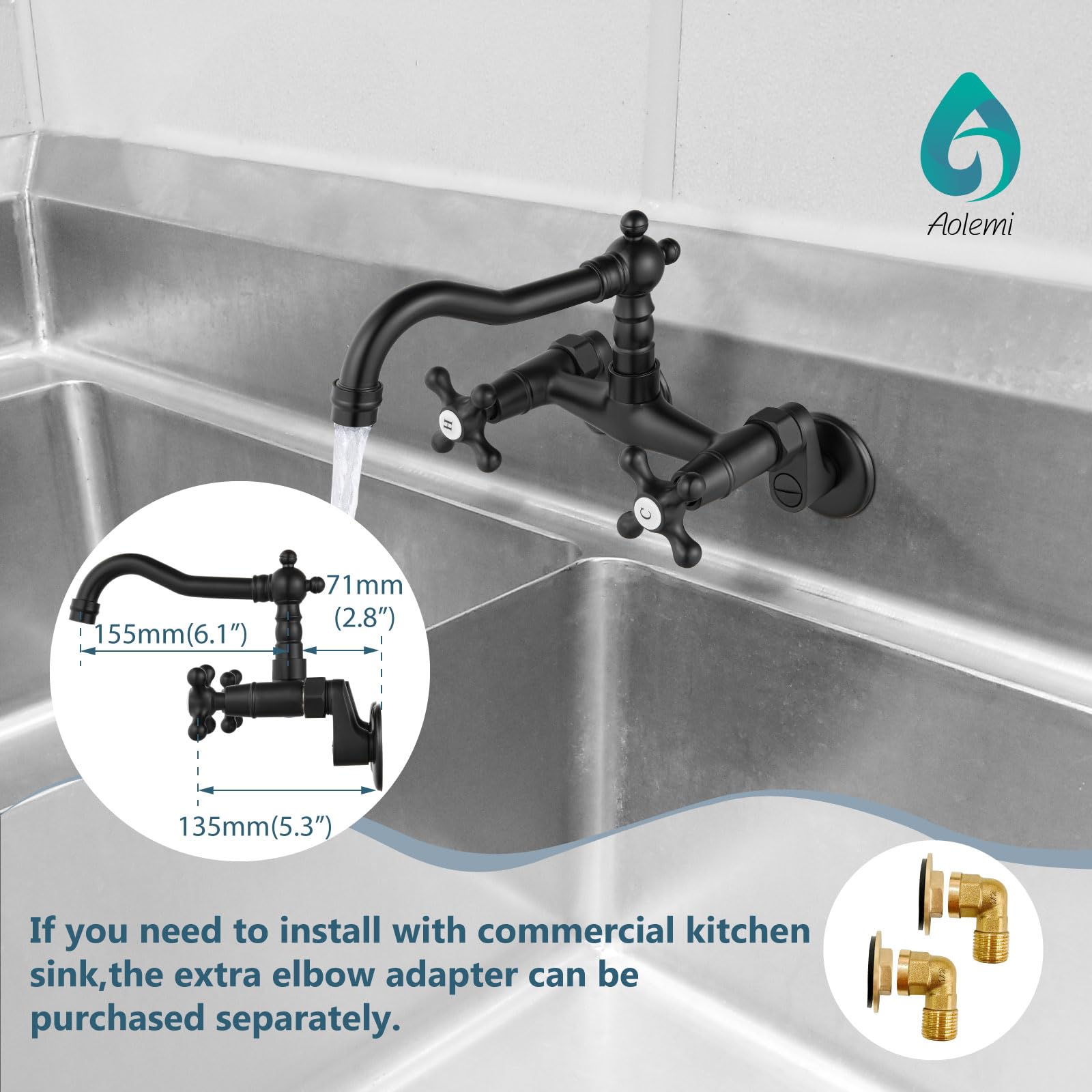 Aolemi Matte Black Wall Mount Kitchen Faucet with 2 Cross Handles & 6