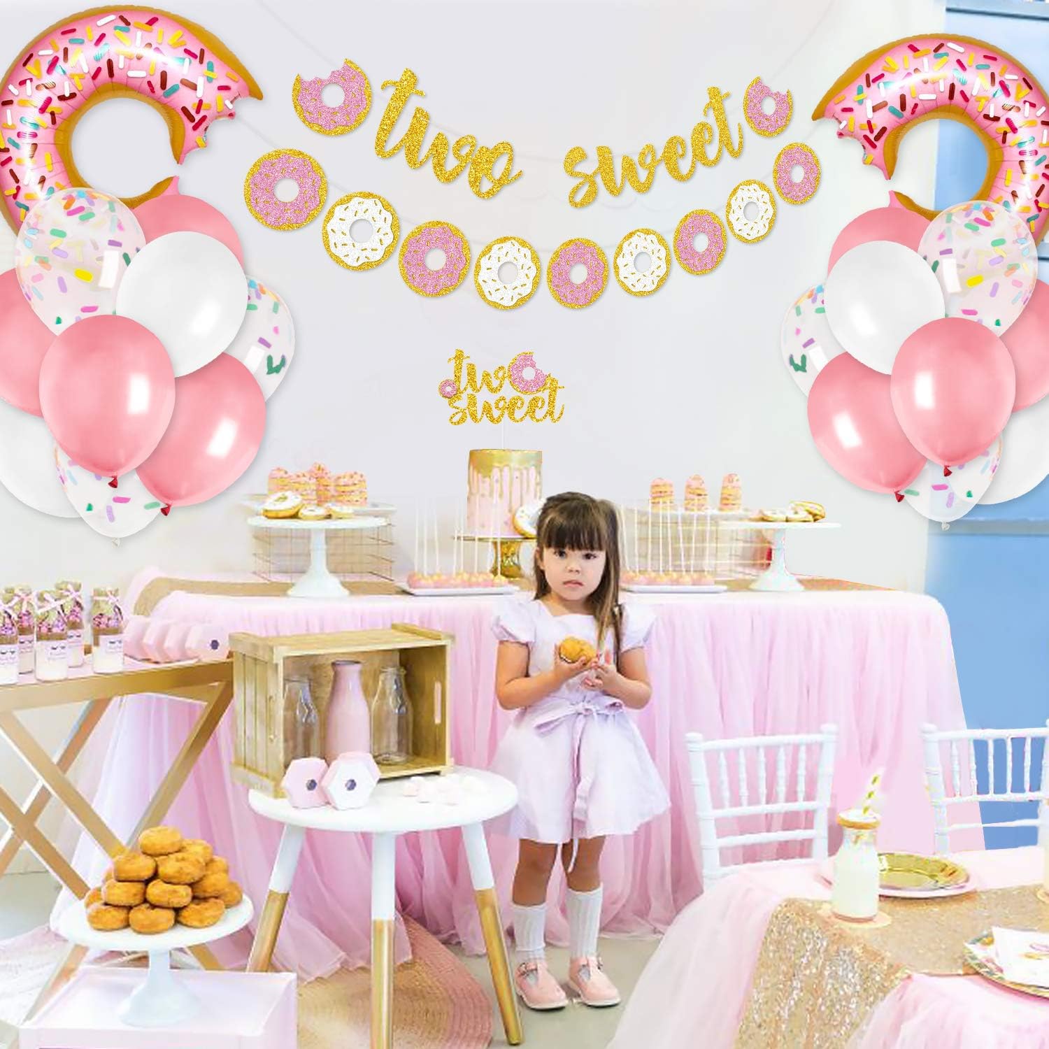 Levfla Sweet Donut Party Decorations - Glitter Doughnut Banner, Cake Topper & Balloons for Baby's 2nd Birthday, Kids Party Favors & Supplies | Perfect for Birthday Cakes, Dessert Tables & Photo Backdrops