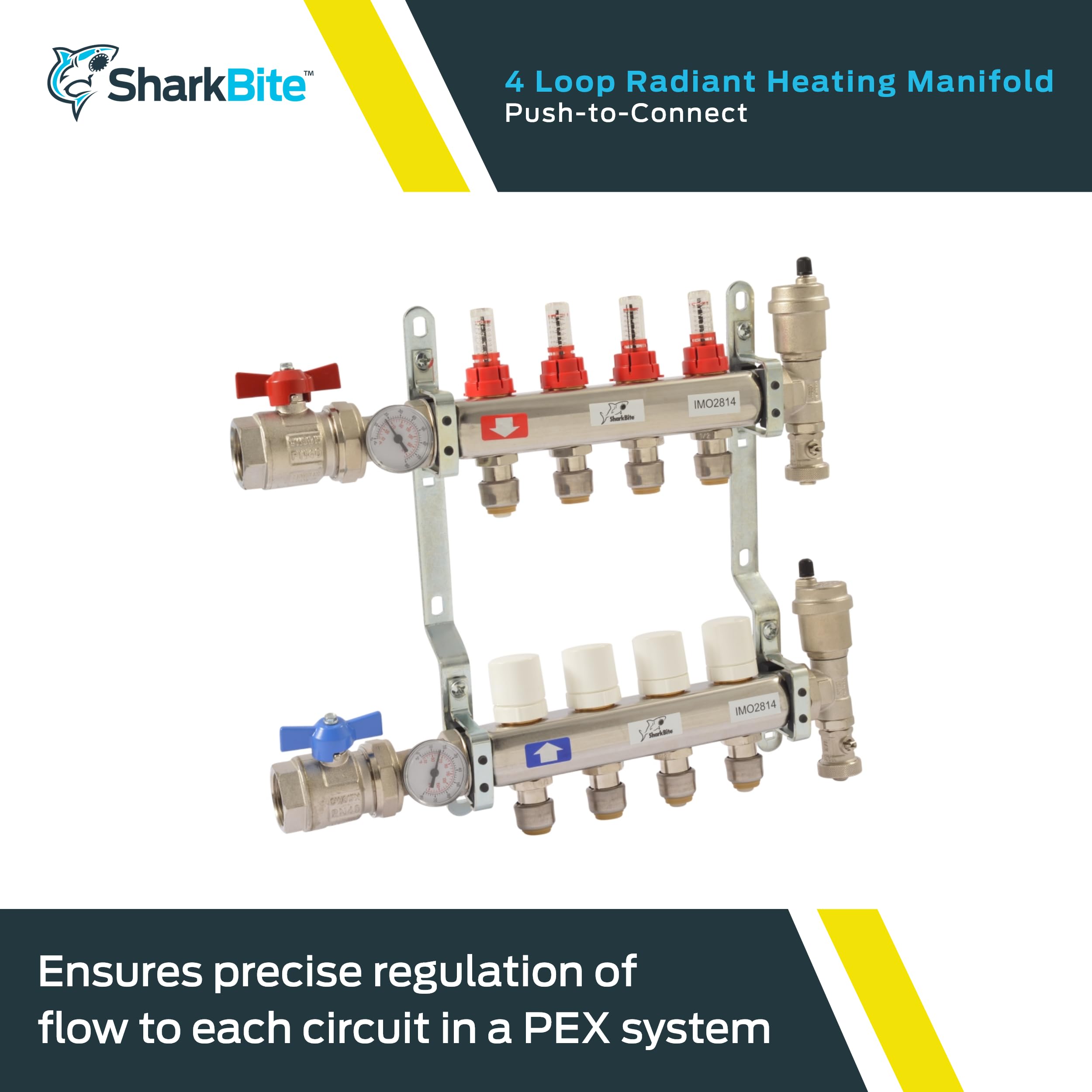 SharkBite 4 Loop Radiant Heating Manifold - Push to Connect Brass Plumbing Fitting for PEX Pipe & PE-RT (Model 24931) - Perfect for Hydronic Heating Systems & Underfloor Heating Installations