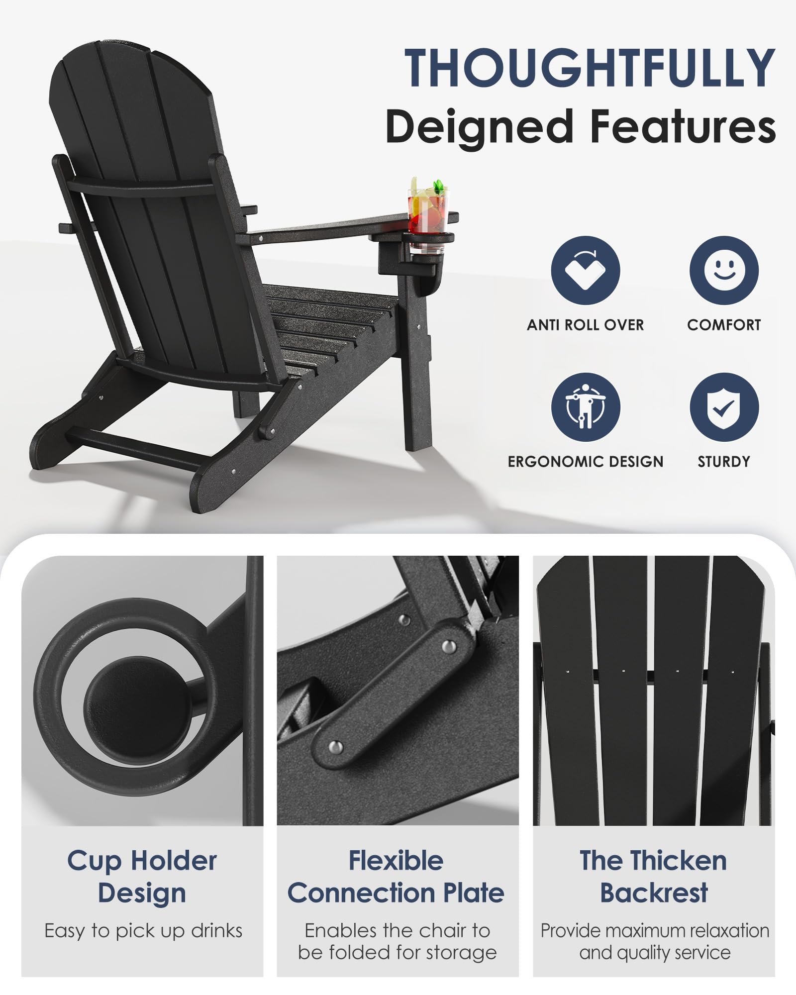 2-Pack Folding Adirondack Chairs - Heavy Duty All-Weather HDPE Outdoor Patio Chairs with Cup Holders - 385lb Weight Capacity (80% Pre-Assembled) - Perfect for Backyard, Garden, Poolside & Camping - Black