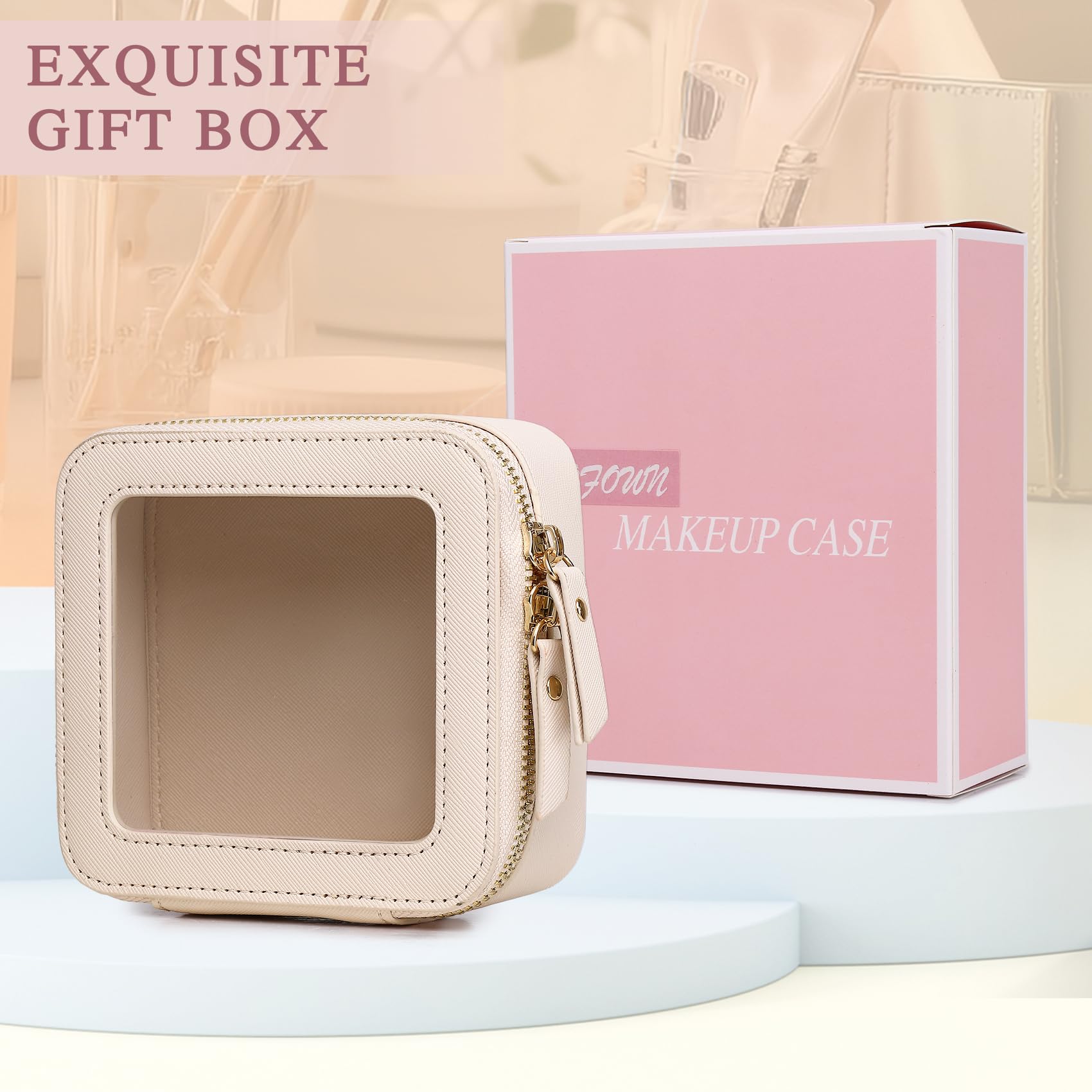 Small Clear Makeup Bag - Mini Cosmetic & Toiletry Organizer with Zipper for Travel, Car Essentials (Beige)