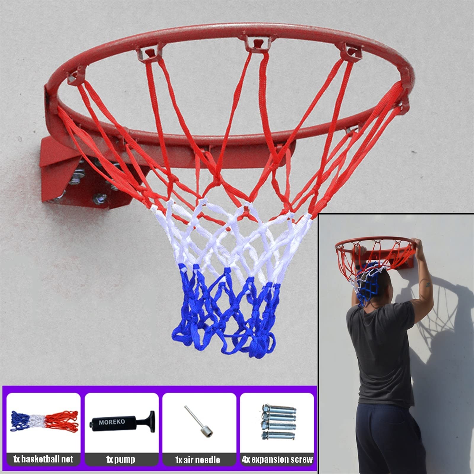 Wall-Mounted Basketball Hoop - 18 Inch Steel Backboard for Kids & Adults - Outdoor/Indoor Basketball Goal System with Adjustable Height (Red) - Perfect for Driveway, Backyard & Gym Training
