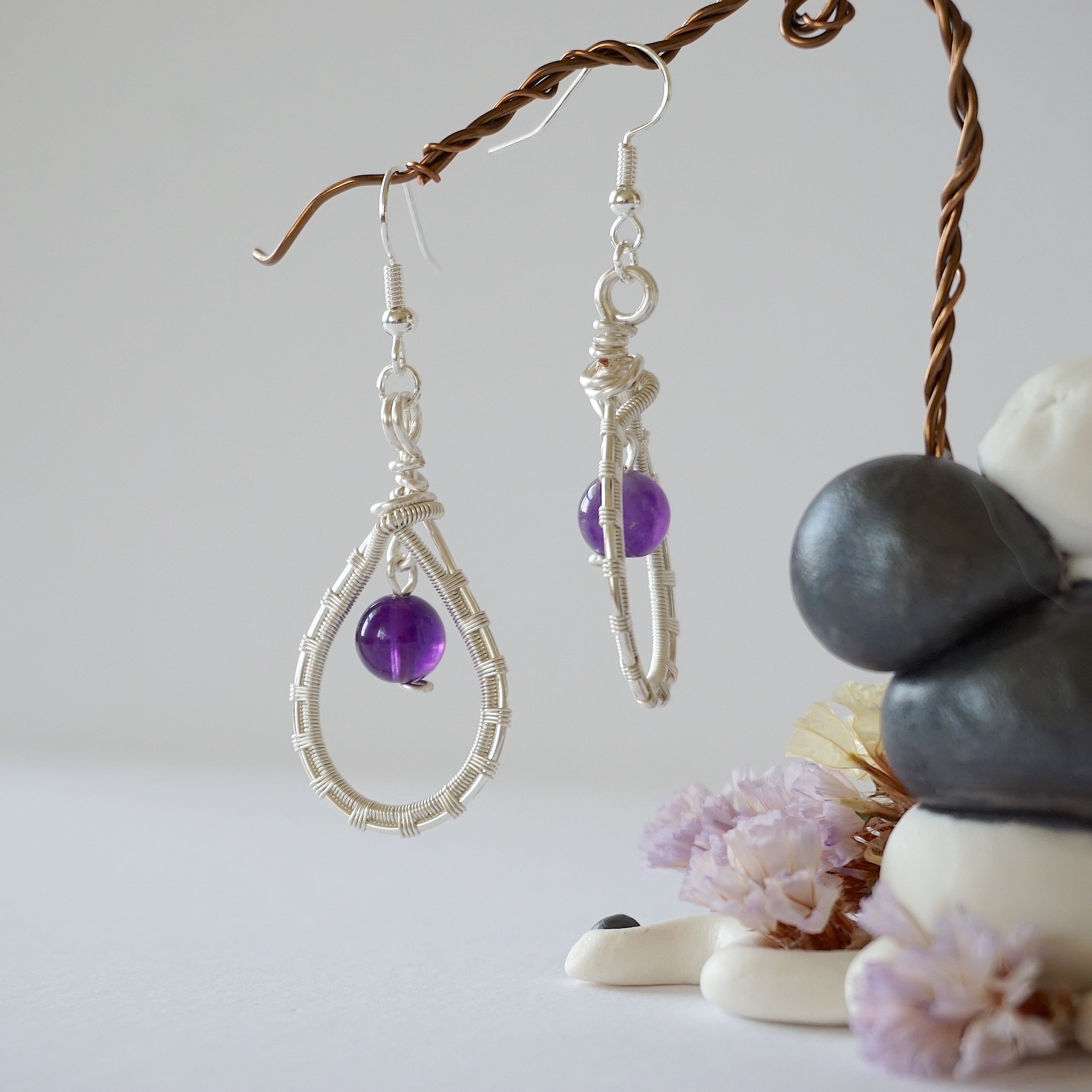 Amethyst Round Wire Earrings for Women - Silver Plated Dangle Earrings - Elegant Purple Gemstone Jewelry for Party, Wedding & Everyday Wear