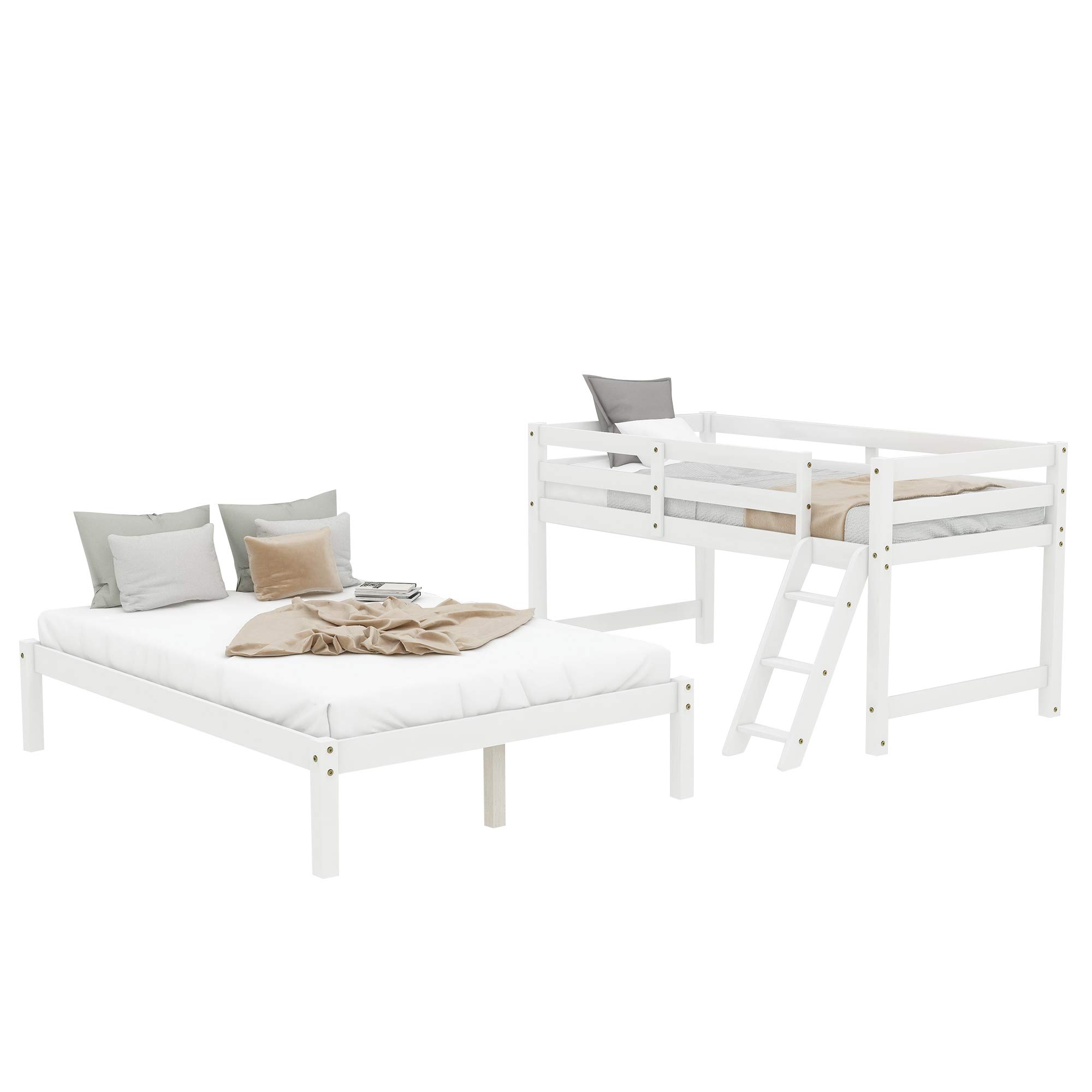 Solid Wood Twin Over Full Bunk Bed with Guardrail & Ladder - Convertible to Twin Loft Bed or Full Size Bed - Wood Slat Support - No Box Spring Needed (White) - Perfect for Kids' Rooms, Guest Rooms & Space-Saving Bedroom Solutions