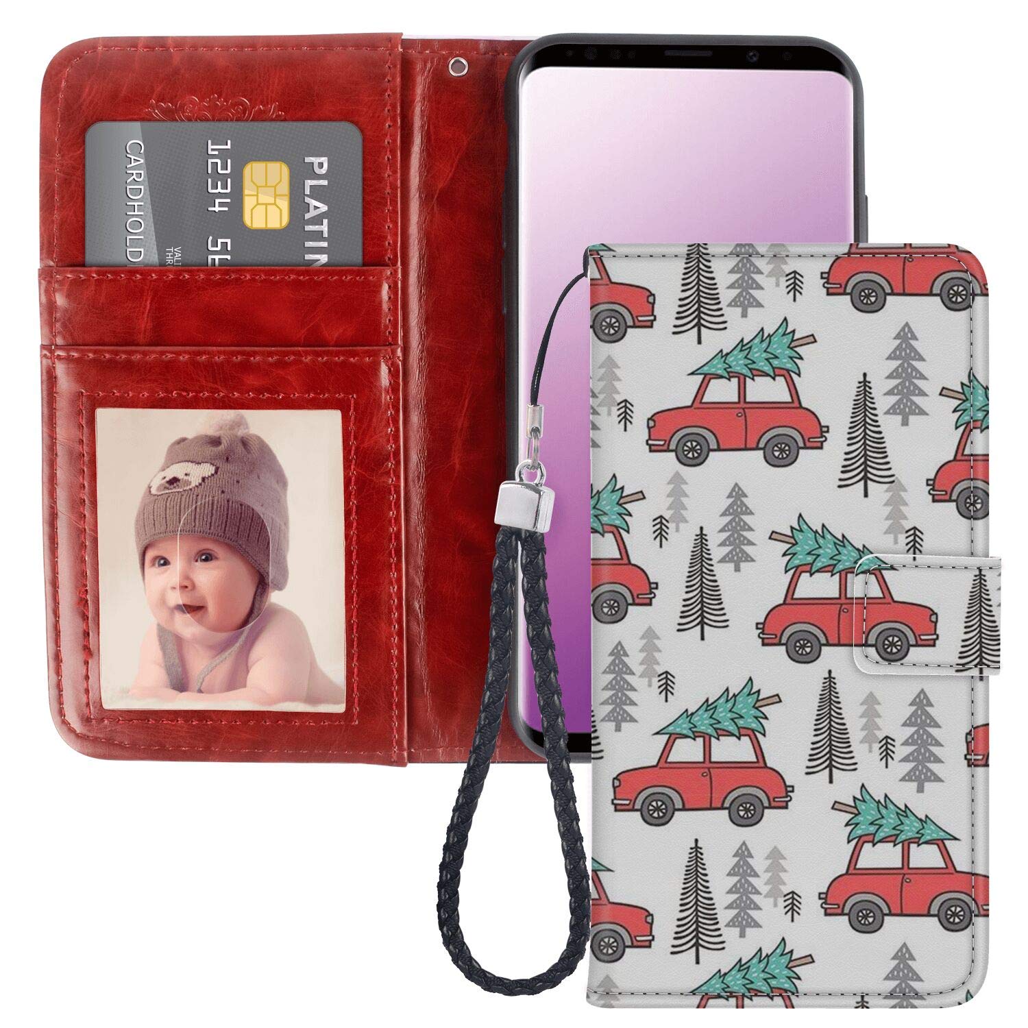 Samsung Galaxy S9 Wallet Case - PU Leather Card Holder Phone Cover with Wrist Strap | Christmas Tree Design | Perfect for Holiday Gifts, Travel & Everyday Use