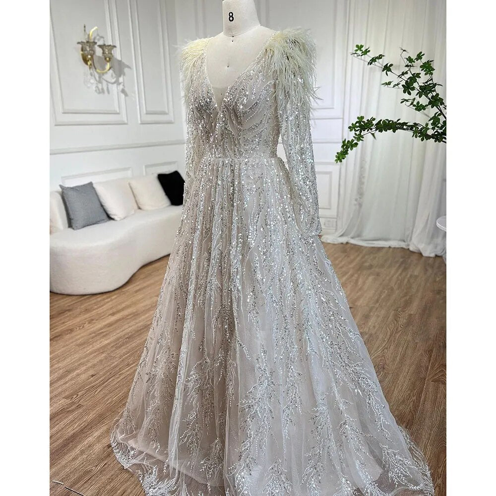 Serene Hill Muslim Beige A-Line Beaded Feathers Luxury Dubai Long Evening Dress Gown 2025 for Women - Wedding, Party, Formal Occasions - LA72172