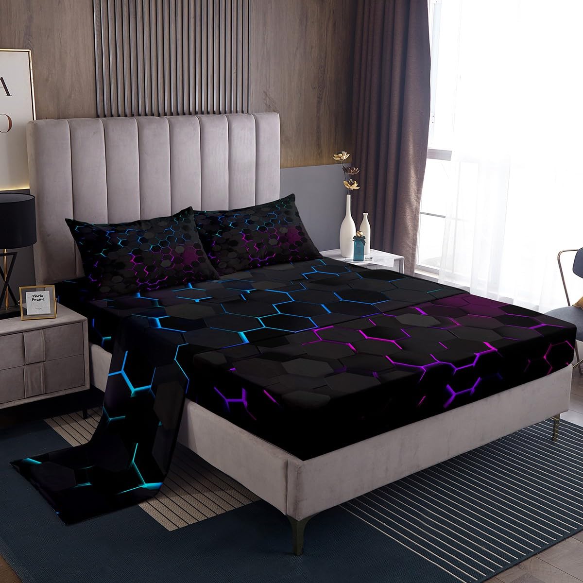 Manfei Honeycomb Geometric Hexagon Print Full Size Sheet Set - 4pc Bedding Set with Deep Pocket Fitted Sheet, Flat Sheet & 2 Pillowcases - Colorful Neon Lights Design for Kids & Boys Room Decor - Perfect for Teen Bedrooms, Dorm Rooms & Modern Home Decor