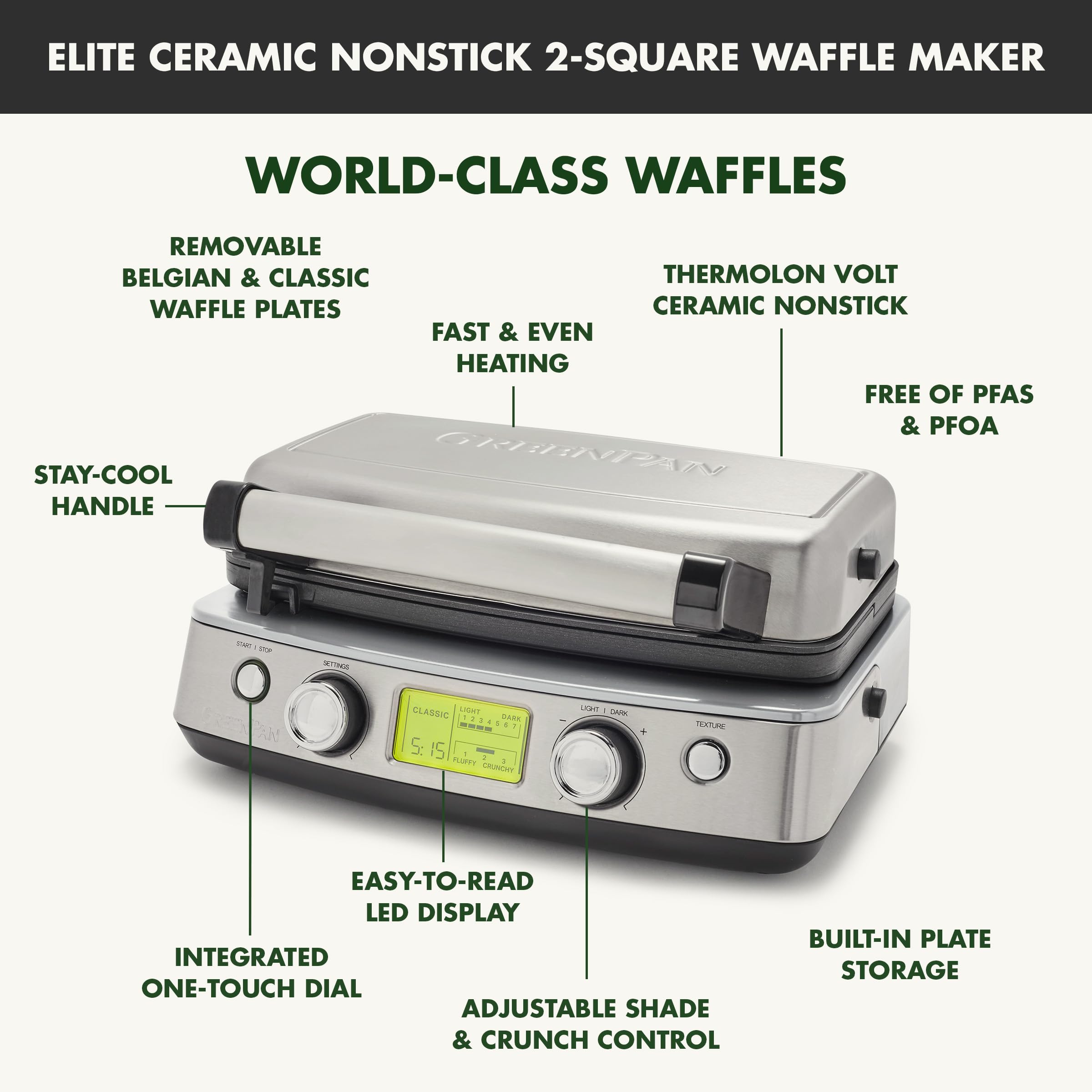 GreenPan Elite 2-Square Belgian & Classic Waffle Maker with Healthy Ceramic Nonstick Coating, Dishwasher Safe Plates, Adjustable Browning Control, Overflow Protection - Perfect for Breakfast, Brunch and Family Gatherings - Stainless Steel Design