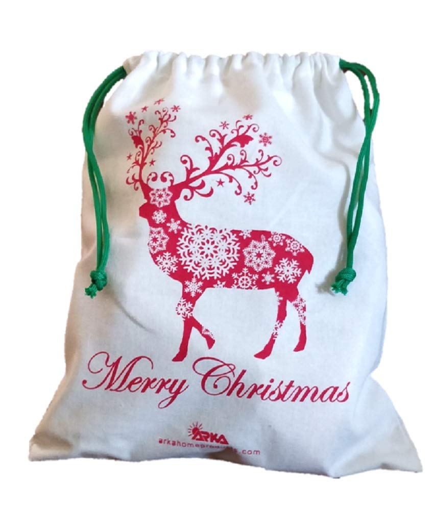 Arka Christmas Drawstring Gift Bags - Set of 3 Premium 100% Cotton Canvas Bags | Eco-Friendly Holiday Gift Packaging (10x12 Inches, Off-White) - Perfect for Christmas Presents, Party Favors & Stocking Stuffers