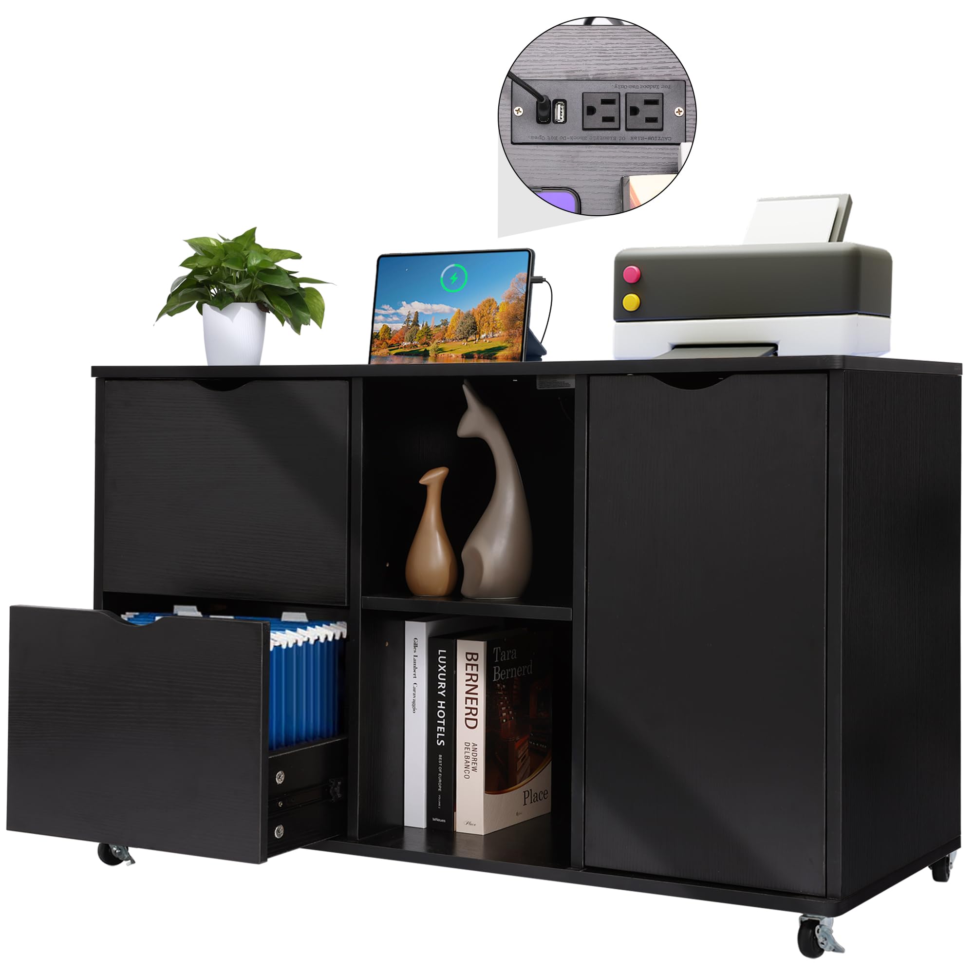 Black Mobile File Cabinet with Charging Station - Home Office Storage for Letter/Legal/A4 Files - Workspace Organizer
