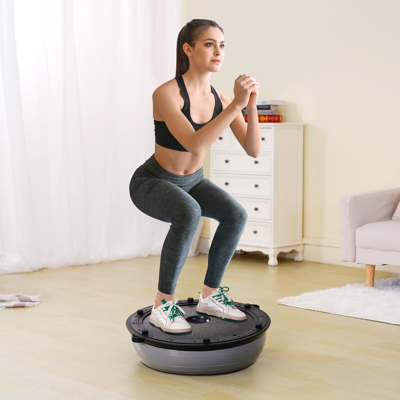 VEVOR 23/26 Inch Half Exercise Ball Trainer - 1500lbs Capacity Stability Ball for Yoga, Strength Training & Full Body Workout - Includes Resistance Bands & Foot Pump - Perfect for Home Gym, Pilates, Core Workouts & Physical Therapy (Black)