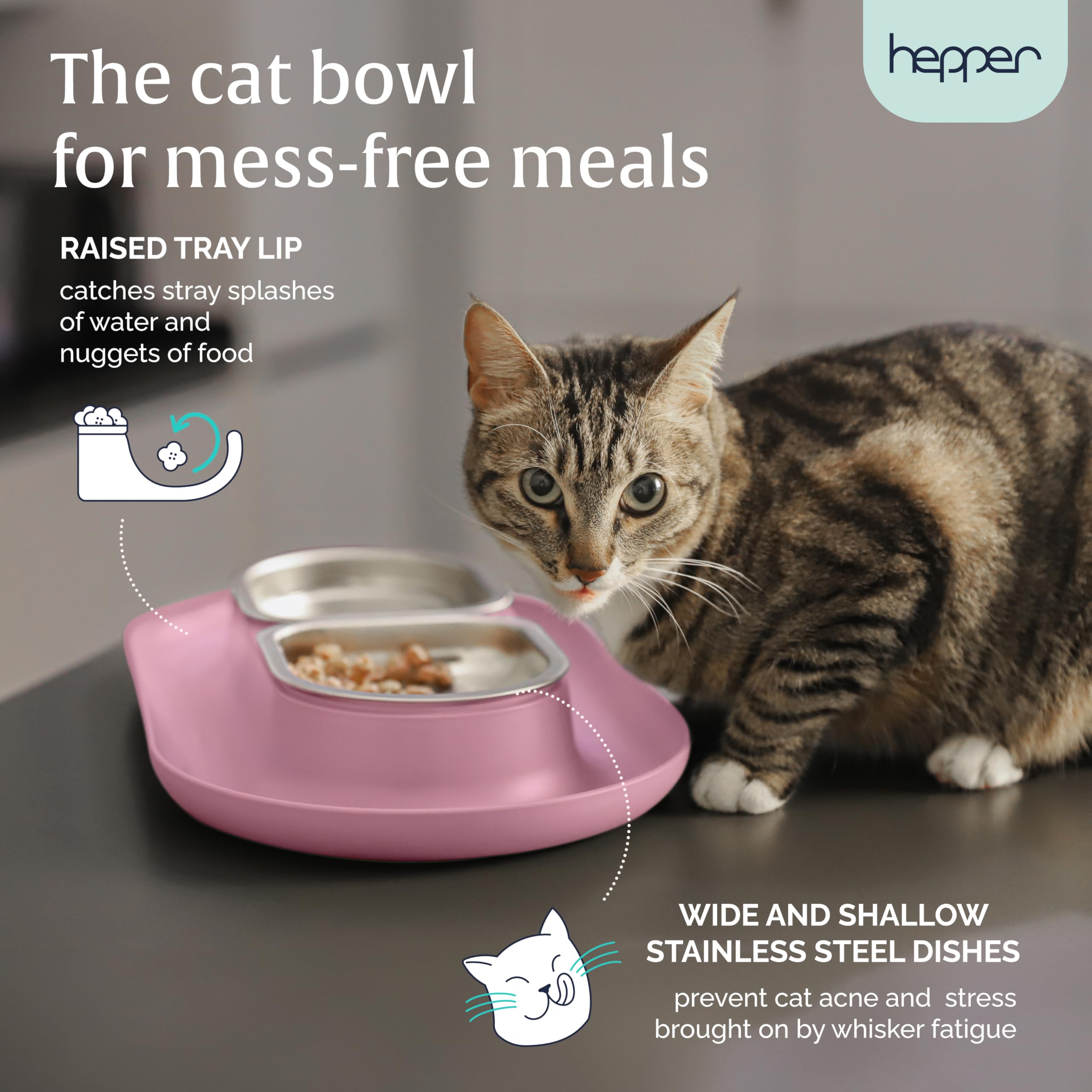 Hepper NomNom Spill Proof Elevated Cat Bowls - Stainless Steel Raised Cat Food & Water Dish with Whisker Relief - Non-Slip Pet Bowl for Messy Eaters - Perfect for Kittens, Adult & Senior Cats - Pink (Ideal for Home, Kitchen or Travel Use)