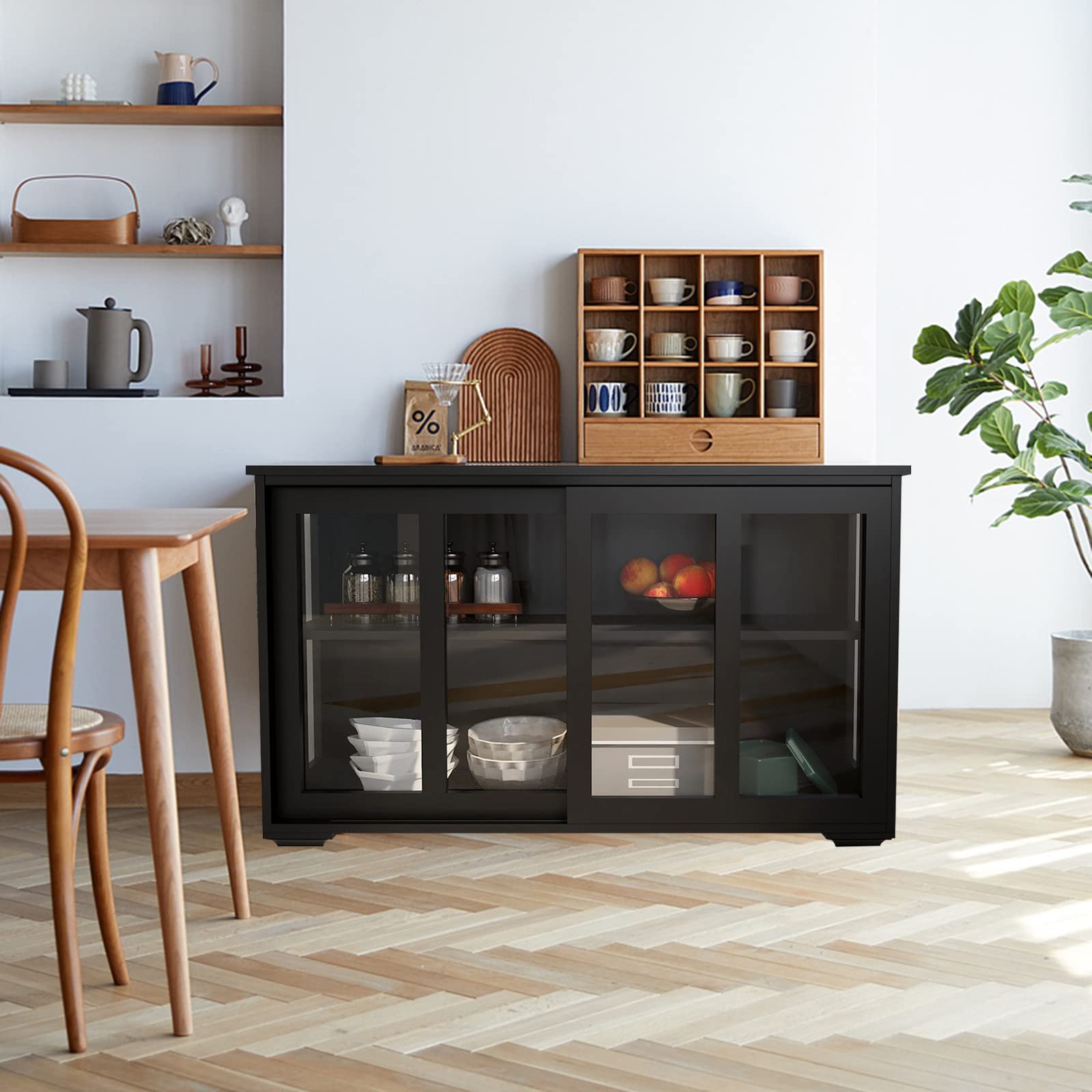Buffet Cabinet with Storage & Adjustable Shelves - Kitchen Dining Room Sideboard with Glass Sliding Doors - Liquor Display & Storage Cupboard for Home, Bar, or Restaurant (Black)