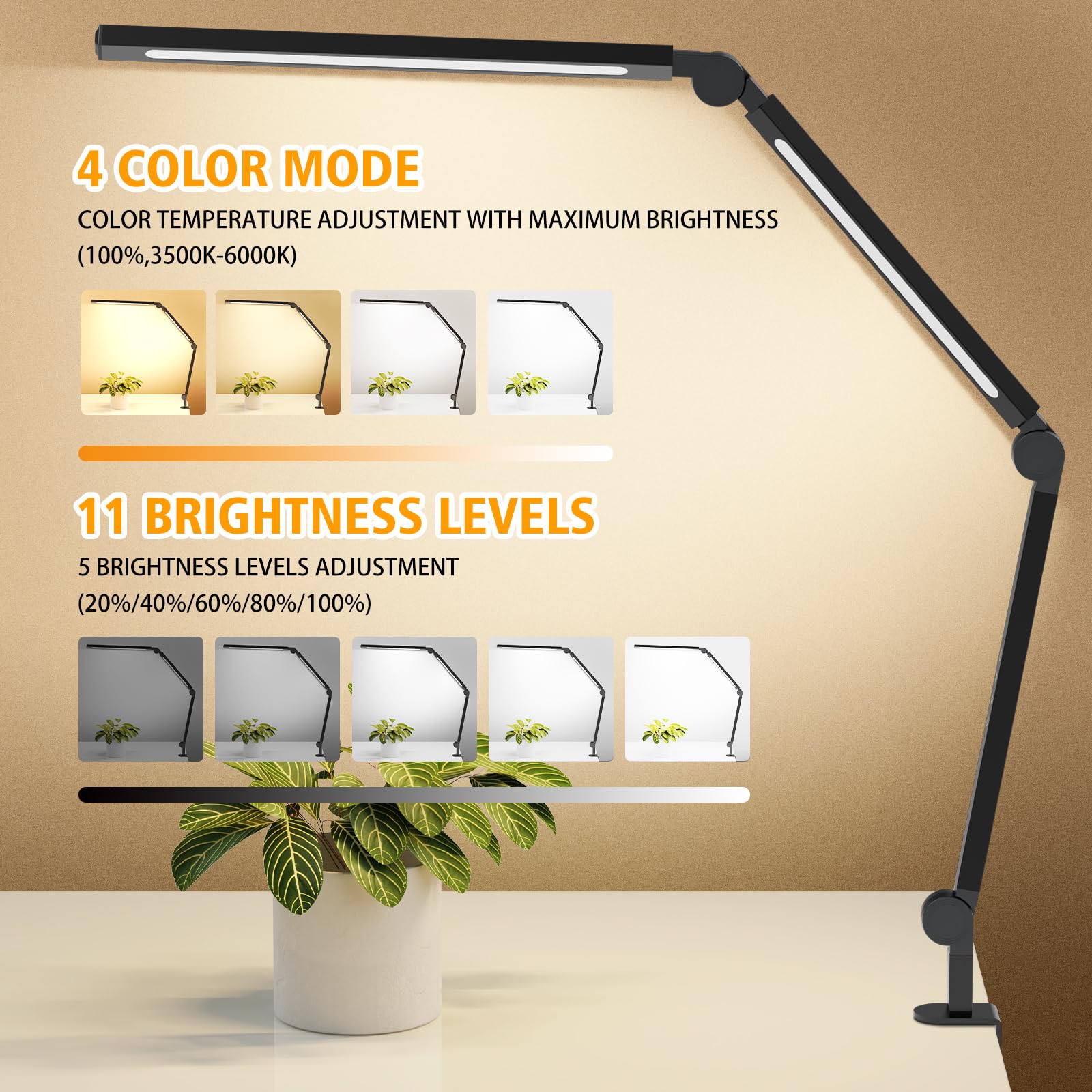 Adjustable LED Desk Lamp with Clamp - Dimmable Eye-Caring Swing Arm Task Light for Home Office, Study & Work | Modern Tall Table Lamp for Nail Techs, Architects & Students | Perfect for Reading, Crafting & Computer Work