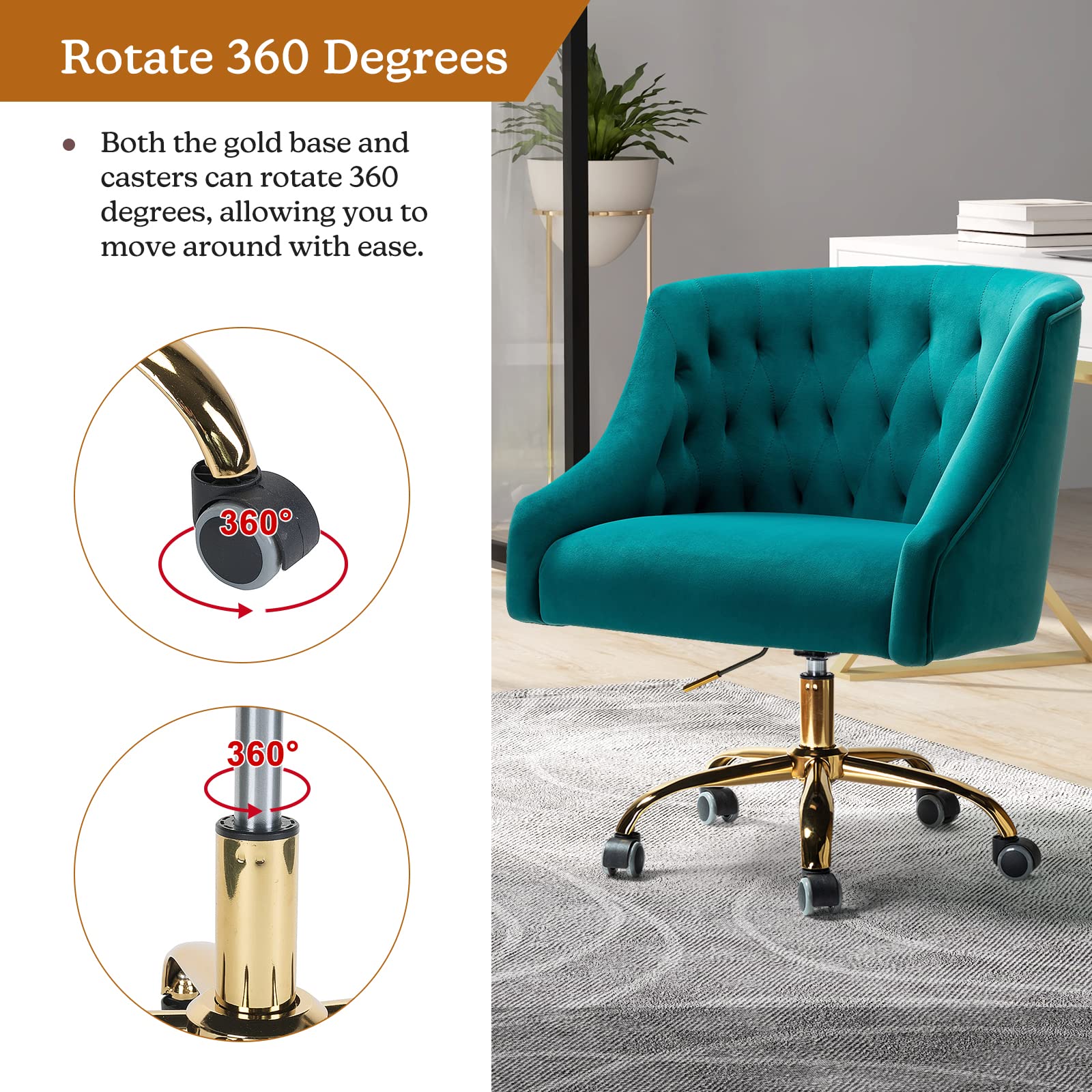 Luxury Velvet Home Office Chair with Gold Base - Adjustable Swivel Task Chair for Women, Modern Ergonomic Desk Chair for Living Room, Bedroom & Study - Soft Turquoise Velvet Seat - Perfect for Working from Home, Gaming & Vanity Areas
