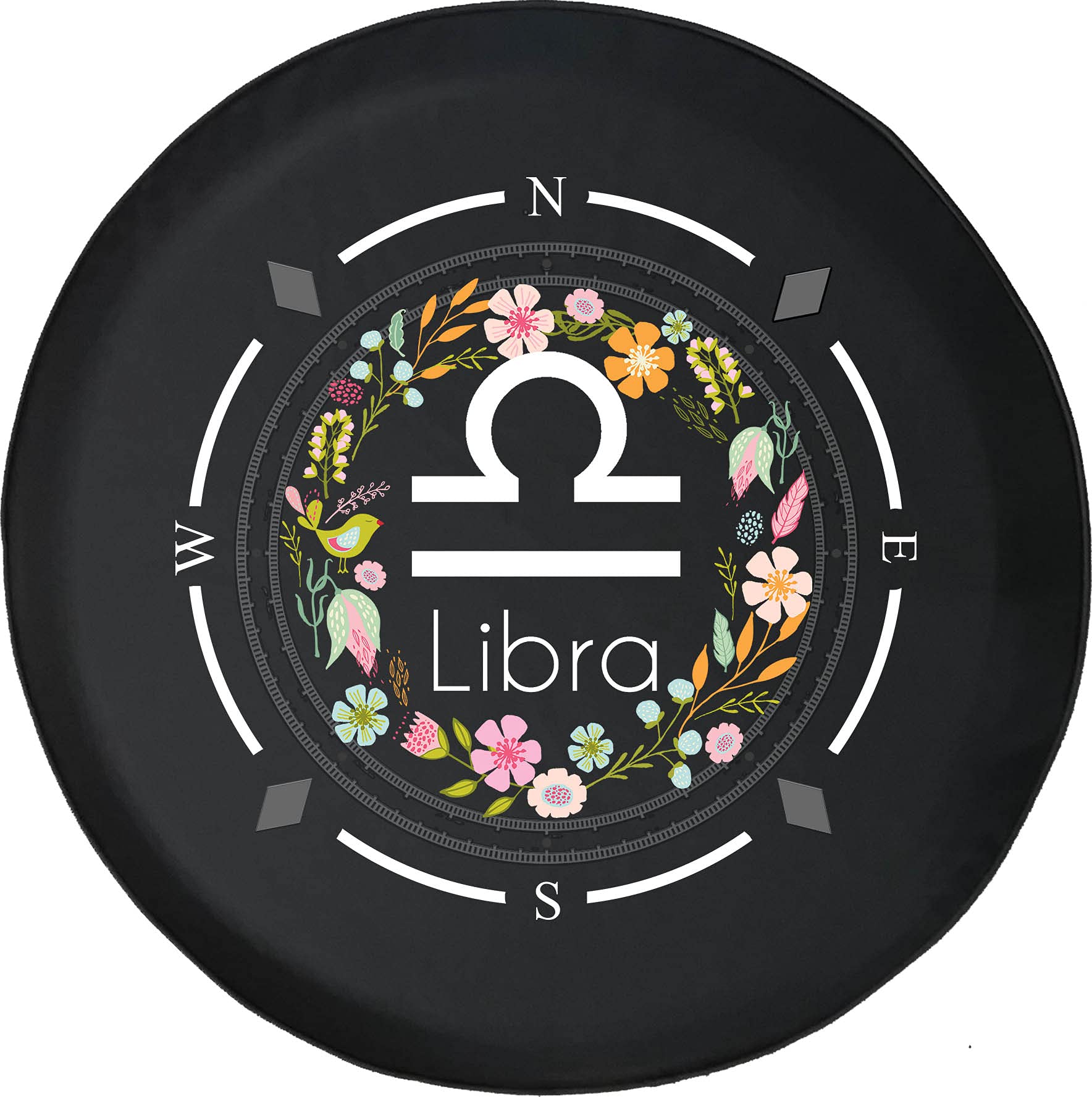 Premium American Spare Tire Cover with Compass & Libra Horoscope Floral Design - Universal Fit for SUV, Trailer, RV & Most Vehicles - Durable & Stylish Wheel Accessory for Outdoor Adventures & Road Trips