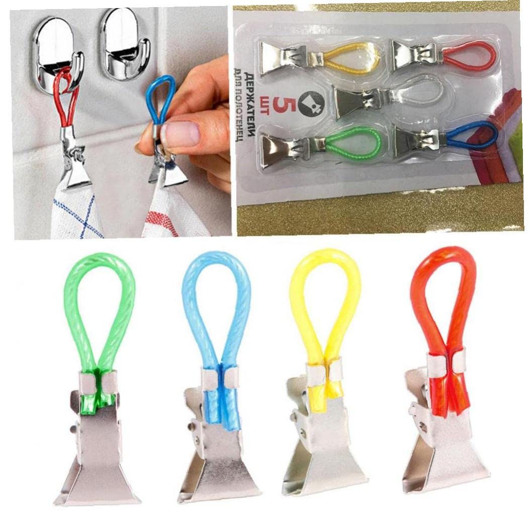 5-Pack Towel Clips - Heavy Duty Tea Towel Holder Clips for Kitchen, Bathroom & Cupboards - Durable Hanging Cloth Hook Hangers - Perfect for Organizing Towels, Aprons & Dishcloths (Ideal for Home & RV Use)