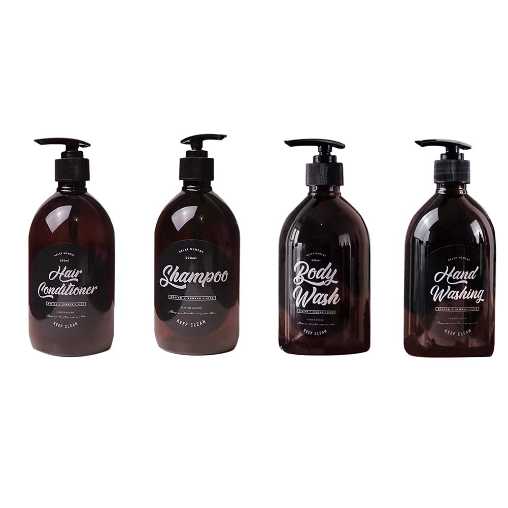 500ml/16oz Amber Shampoo & Conditioner Bottle with Pump - Modern Lettering Design for Shampoo, Conditioner & Body Wash Dispenser - Perfect for Bathroom, Salon & Spa Organization