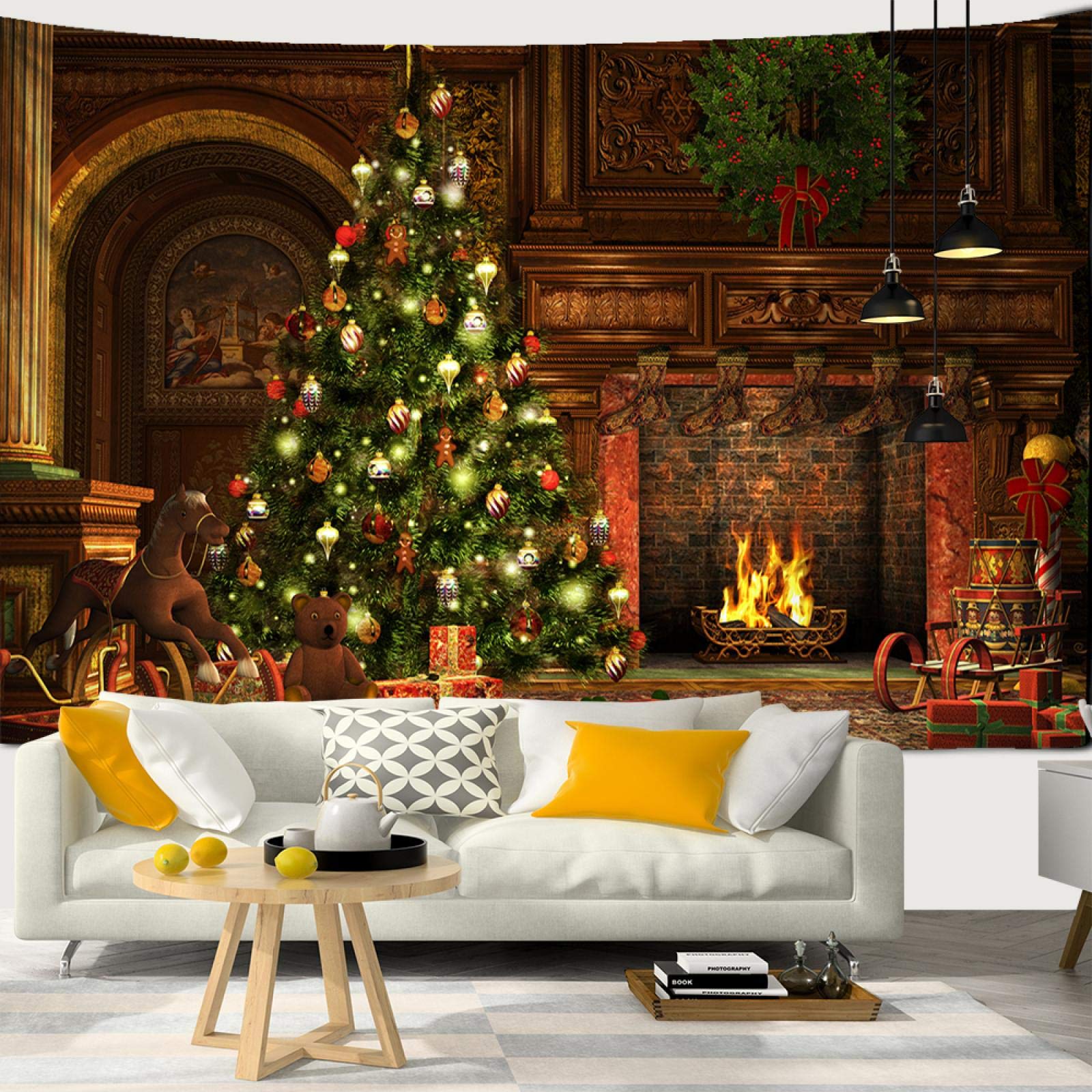 Snow Christmas Tree Fireplace Santa Claus Print Tapestry - 230x150cm Holiday Wall Hanging Decor for Home, Party & Photo Backdrop | Festive Seasonal Background Cloth