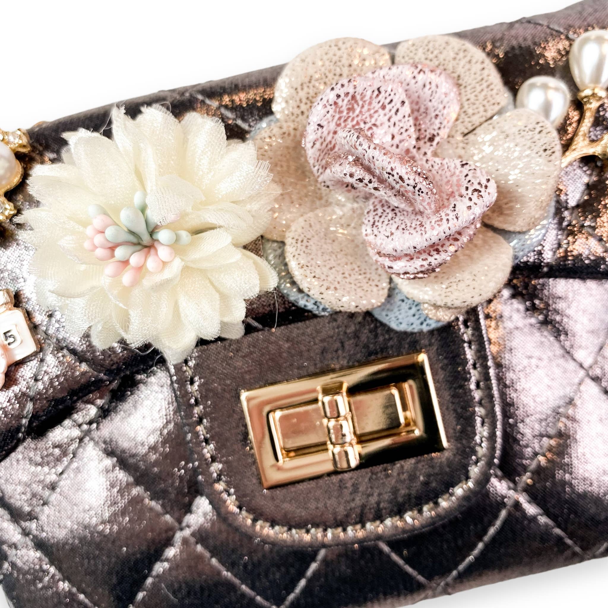 Shiny Silver Floral Applique Quilted Purse for Women - Elegant Evening Bag for Parties, Weddings & Special Occasions