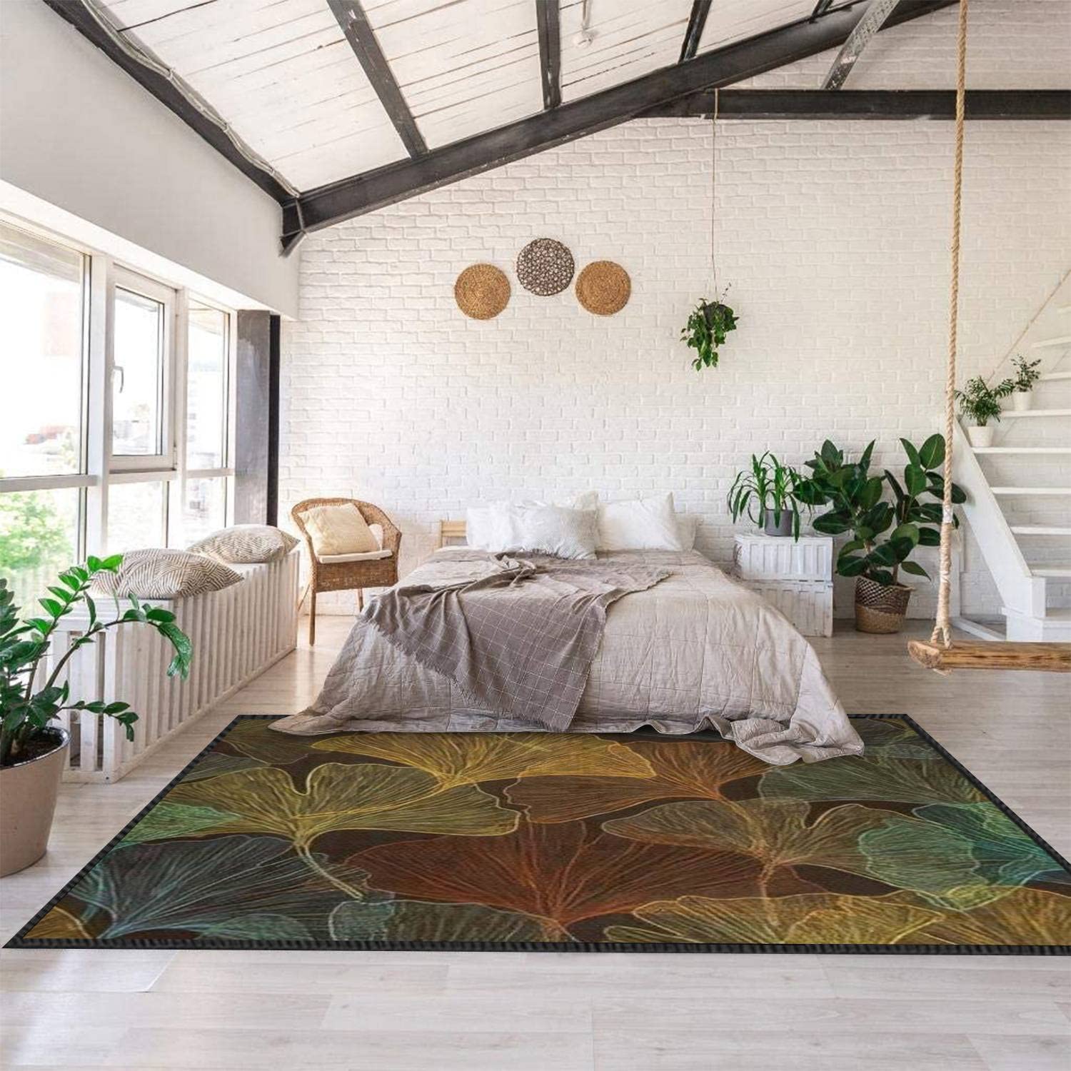 Autumn Ginkgo Leaves Abstract Non-Slip Area Rug - Modern Dark Leaves Skeleton Design Seamless Soft Floor Carpet for Living Room, Bedroom, Kids Room | Indoor/Outdoor Use | Perfect for Fall Home Decor & Cozy Spaces