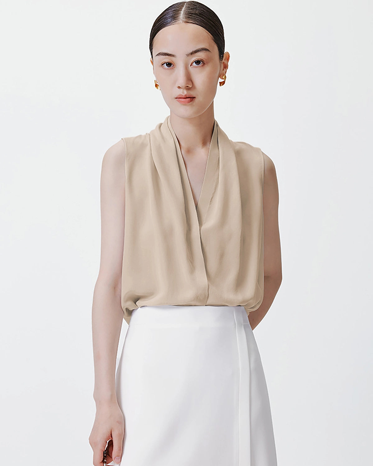 Elegant V-Neck Pleated Silk Tank Top for Women - Breathable & Luxurious Summer Blouse for Casual Wear, Office, and Evening Outings