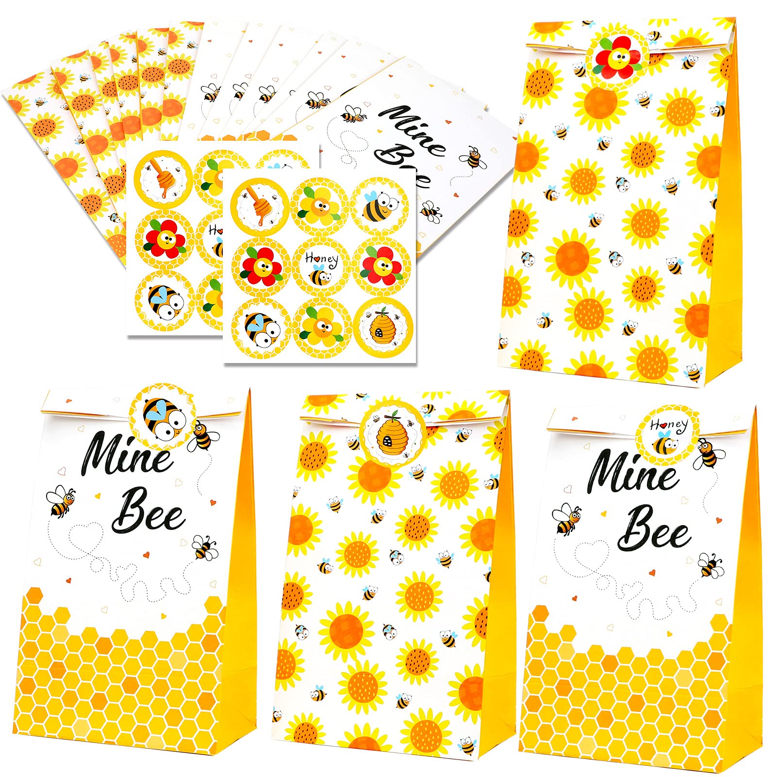 12 Pack Bee Theme Party Favor Bags with Honey Bee & Sunflower Stickers - Cute Bumble Bee Goodie Bags for Candy, Treats | Perfect for Bee Birthday Parties, Baby Showers & Wedding Favors | Great for Classroom Rewards & Summer Picnics