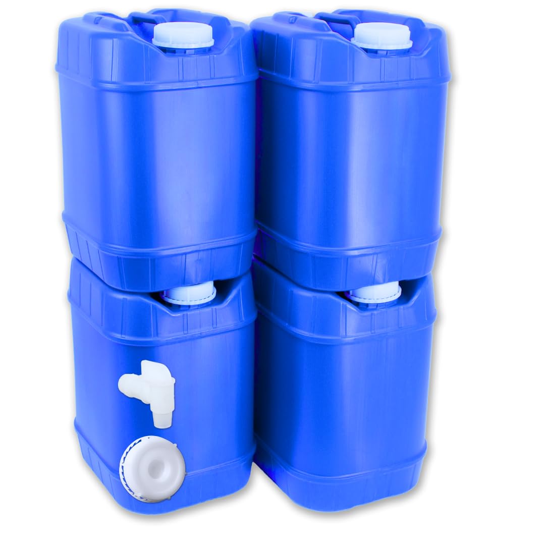 5-Gallon Stackable Water Storage Containers with Lids & Spigot (Set of 4) – 20 Gallon Total Capacity – Emergency Water Supply for Camping, RV, Disaster Preparedness & Survival Kits – Easy Fill & Portable Design for Outdoor Adventures & Home Preparedness