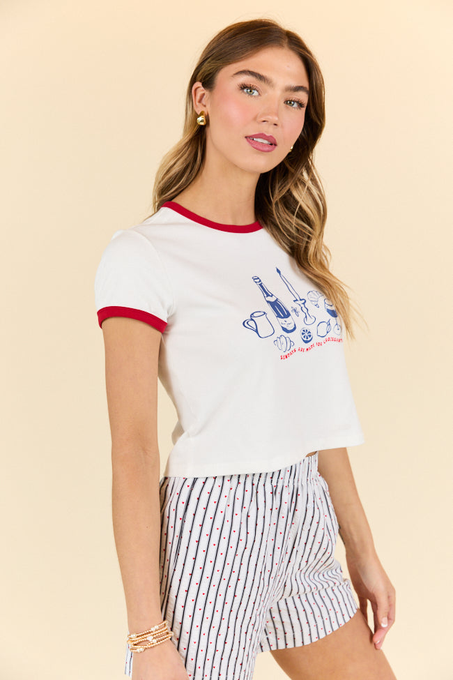 Stylish White Cropped Tee with 'Croissants For Dinner' Graphic - Trendy Casual Outfit for Women | Perfect for Streetwear, Date Night & Everyday Fashion