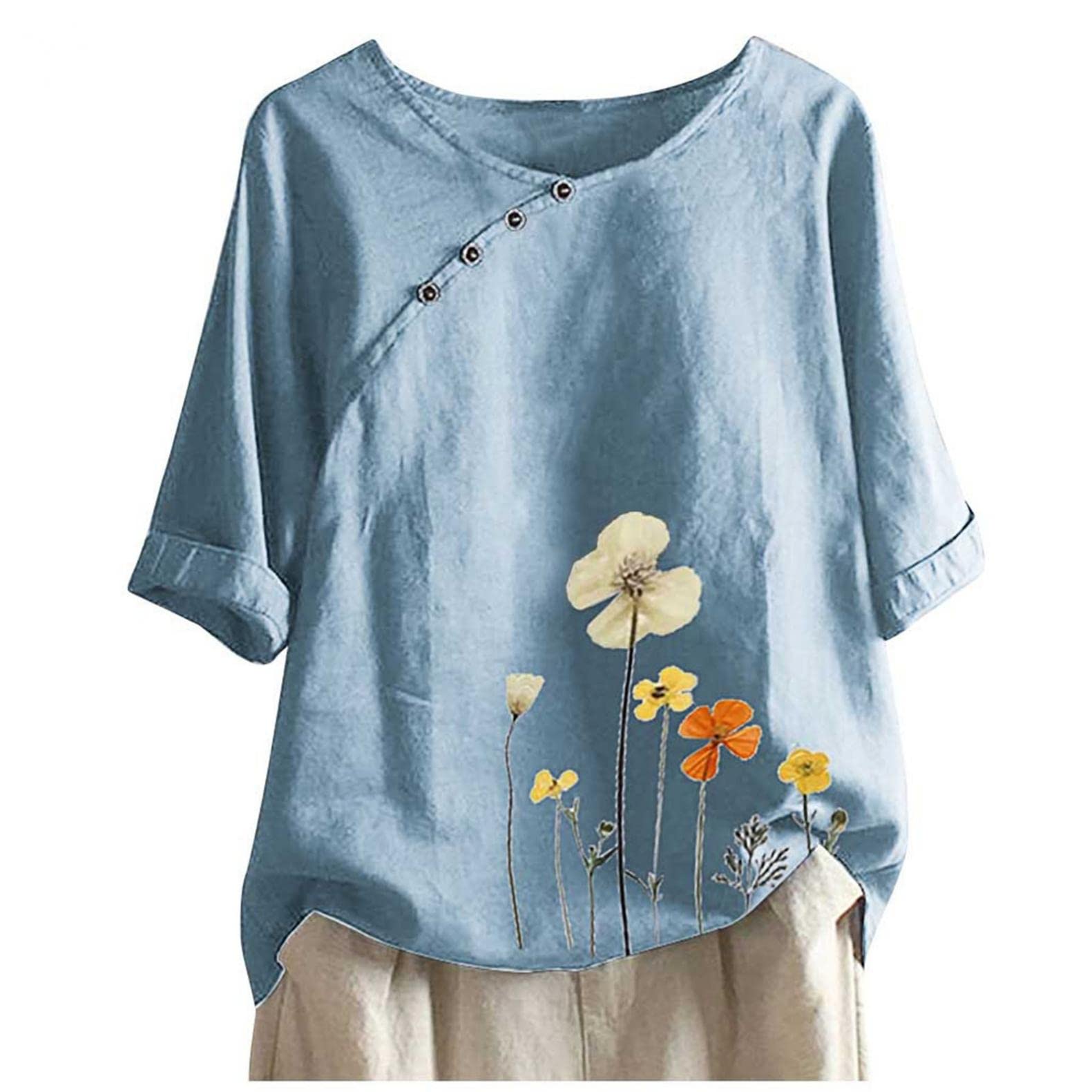 Women's Cotton Linen Embroidered Floral Button-Down Tunic Top - Breathable Workout & Casual Blouse for Yoga, Running, and Everyday Wear